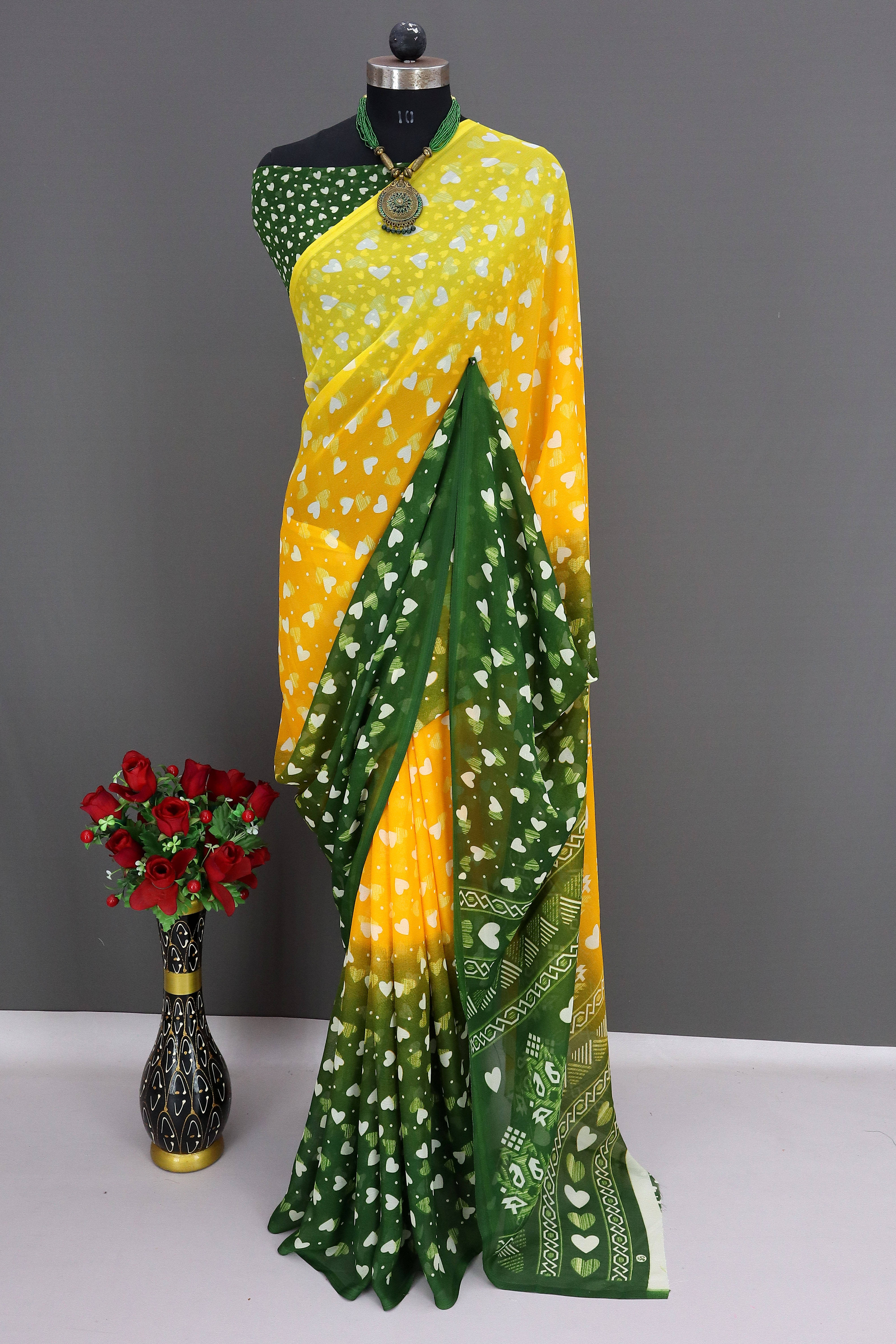 Rekha Maniyar Georgette Printed Saree With Unstitched Blouse Piece ( Yellow )     			Rekha Maniyar Georgette Printed Saree With Unstitched Blouse Piece ( Yellow )