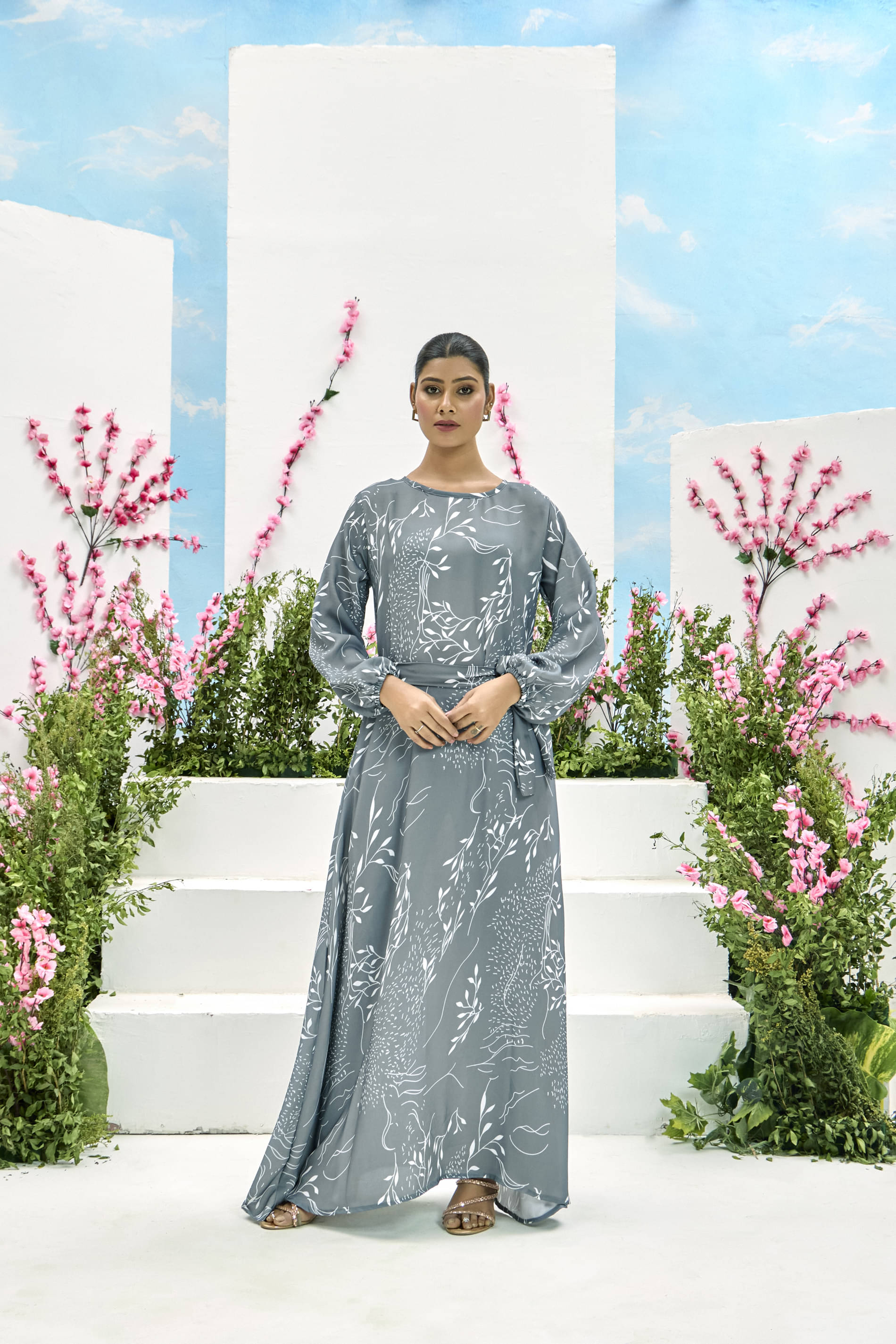 SARINKU Grey Flared Polyester Women's Stitched Ethnic Gown ( Pack of 1 ) SARINKU Grey Flared Polyester Women's Stitched Ethnic Gown ( Pack of 1 )