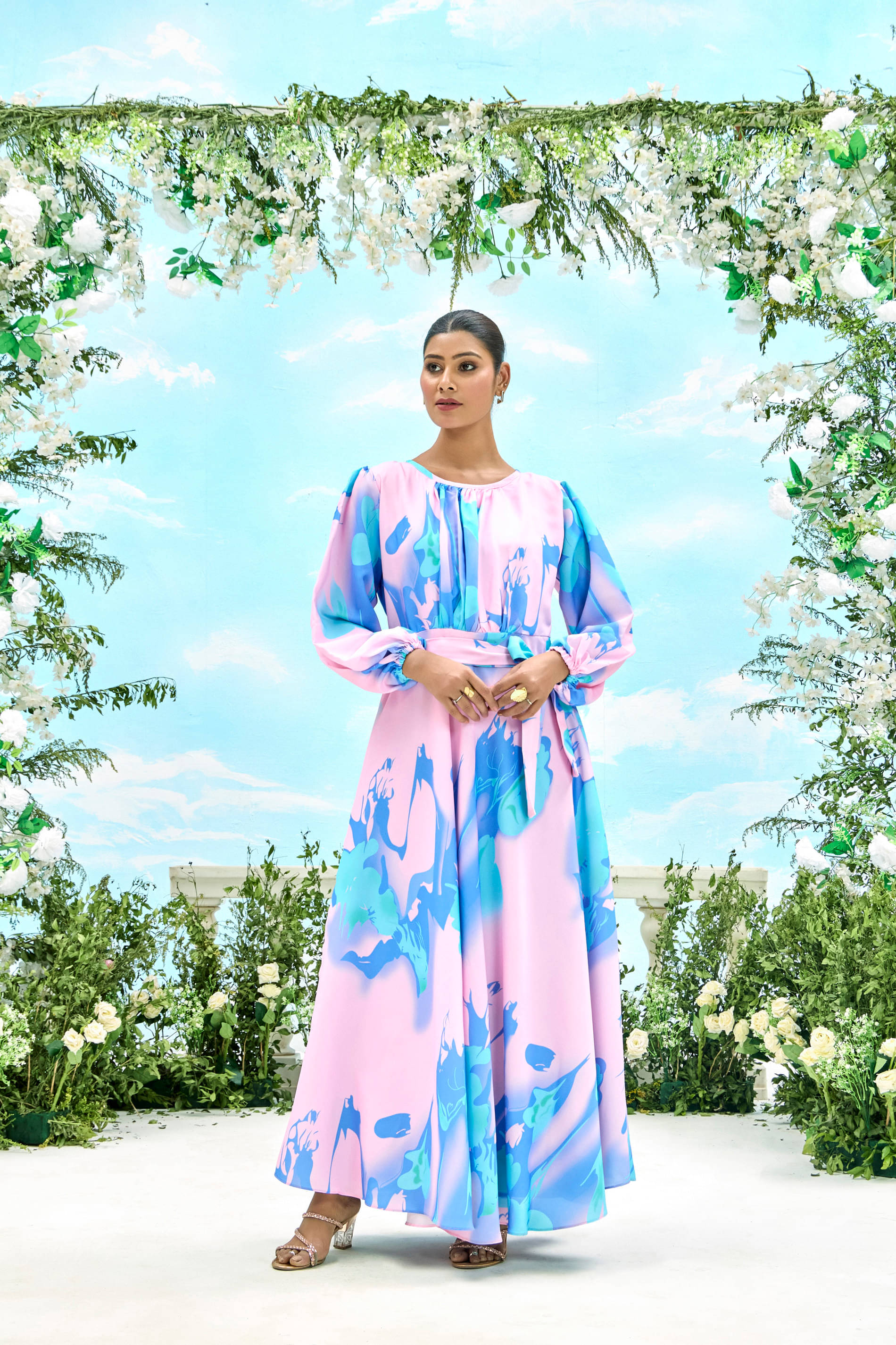 SARINKU Multicolor Flared Polyester Women's Stitched Ethnic Gown ( Pack of 1 ) SARINKU Multicolor Flared Polyester Women's Stitched Ethnic Gown ( Pack of 1 )