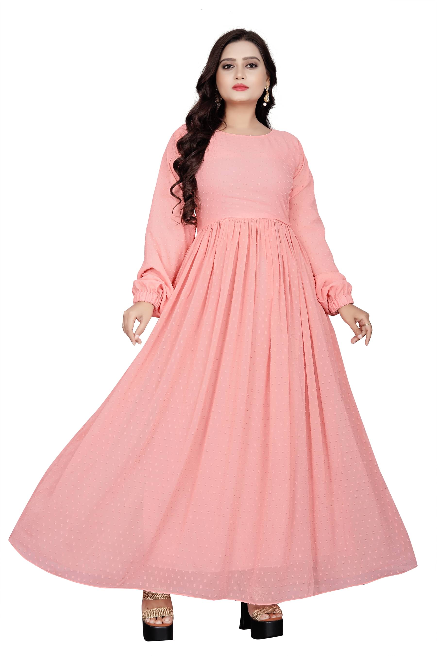 SARINKU Peach Anarkali Georgette Women's Stitched Ethnic Gown ( Pack of 1 ) SARINKU Peach Anarkali Georgette Women's Stitched Ethnic Gown ( Pack of 1 )