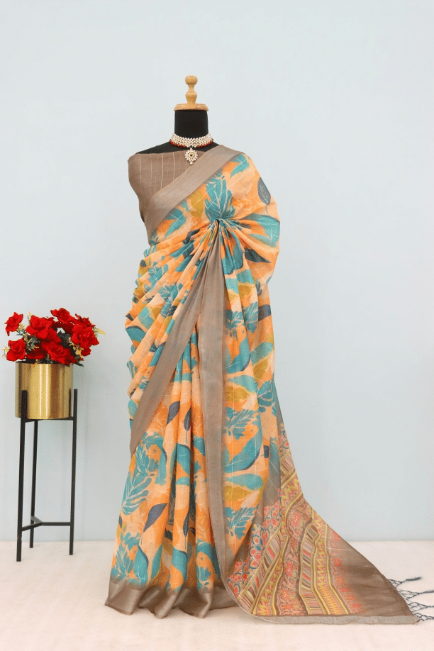 STAVROZ FASHION Linen Printed Saree With Unstitched Blouse Piece ( Multicolor ) STAVROZ FASHION Linen Printed Saree With Unstitched Blouse Piece ( Multicolor )