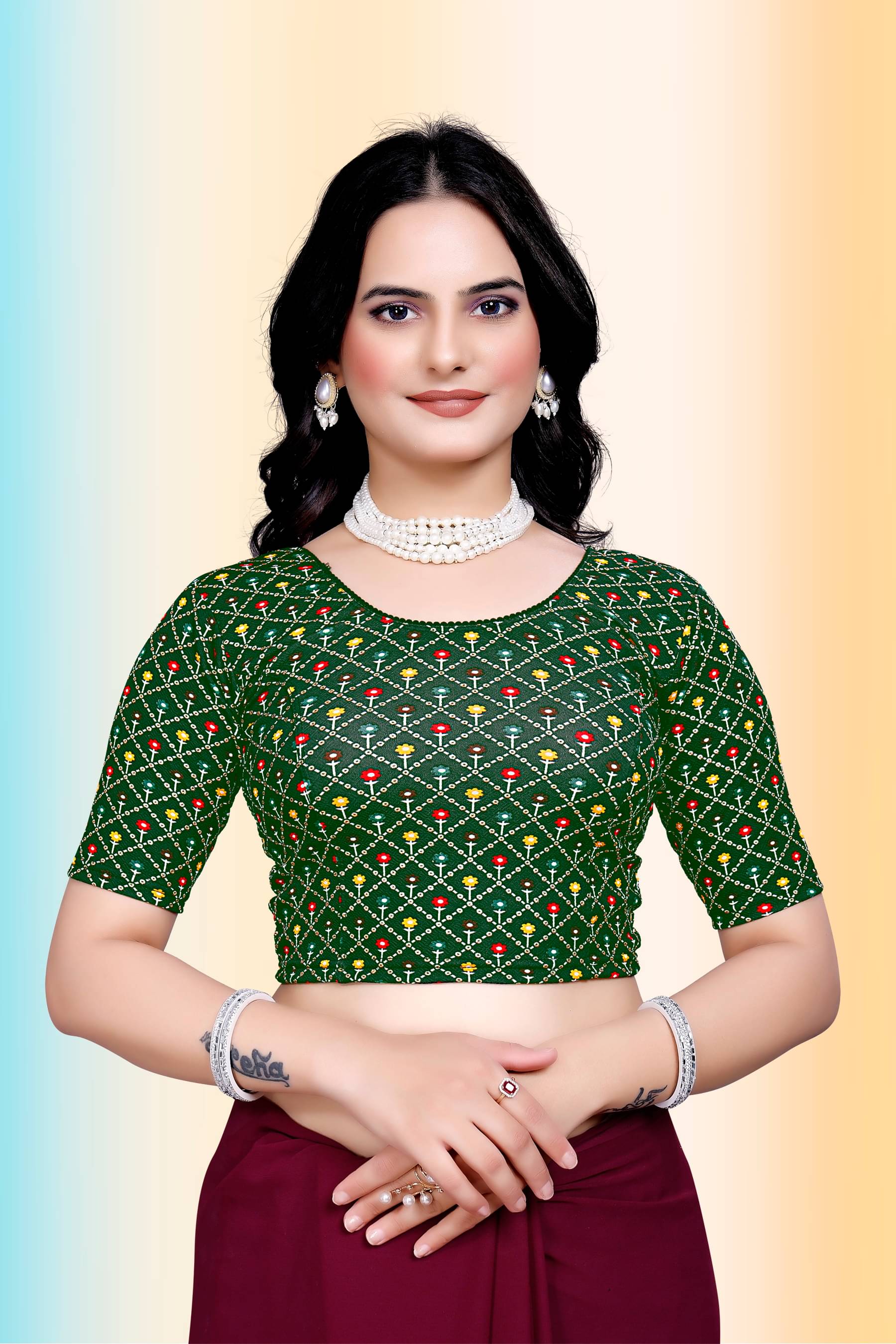     			TANISHM FEB TEX Green Readymade without Pad Lycra Women's Blouse ( Pack of 1 )