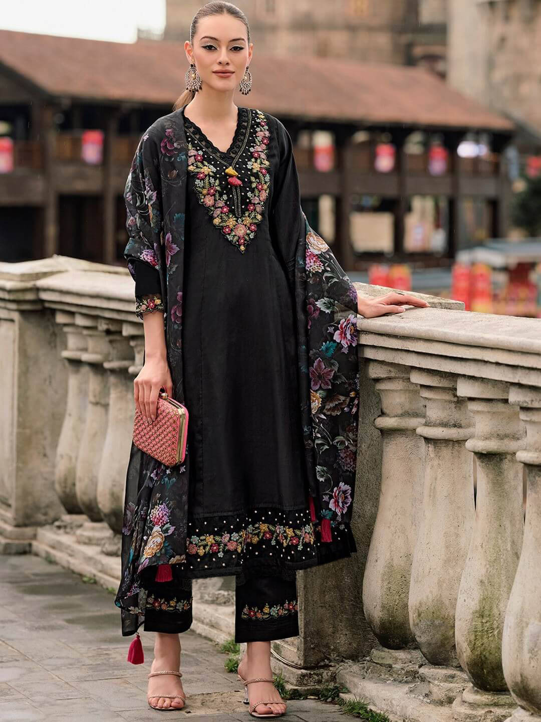 Trijal Fab Women Silk Embroidered A-line Kurti With Pants ( Black ) Trijal Fab Women Silk Embroidered A-line Kurti With Pants ( Black )