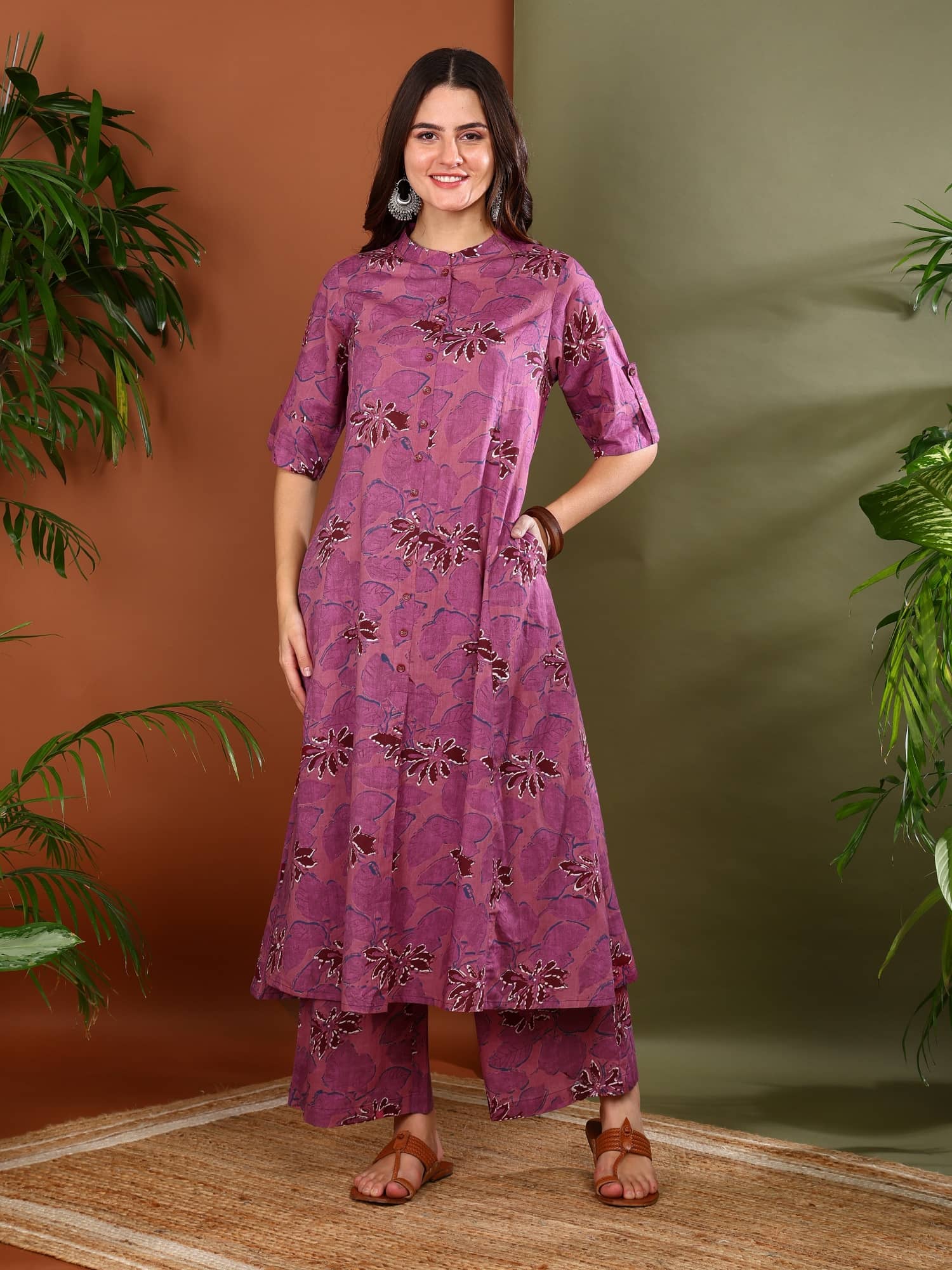 Yash Gallery Cotton Printed Kurti With Palazzo Women's Stitched Salwar Suit - Purple ( Pack of 1 )