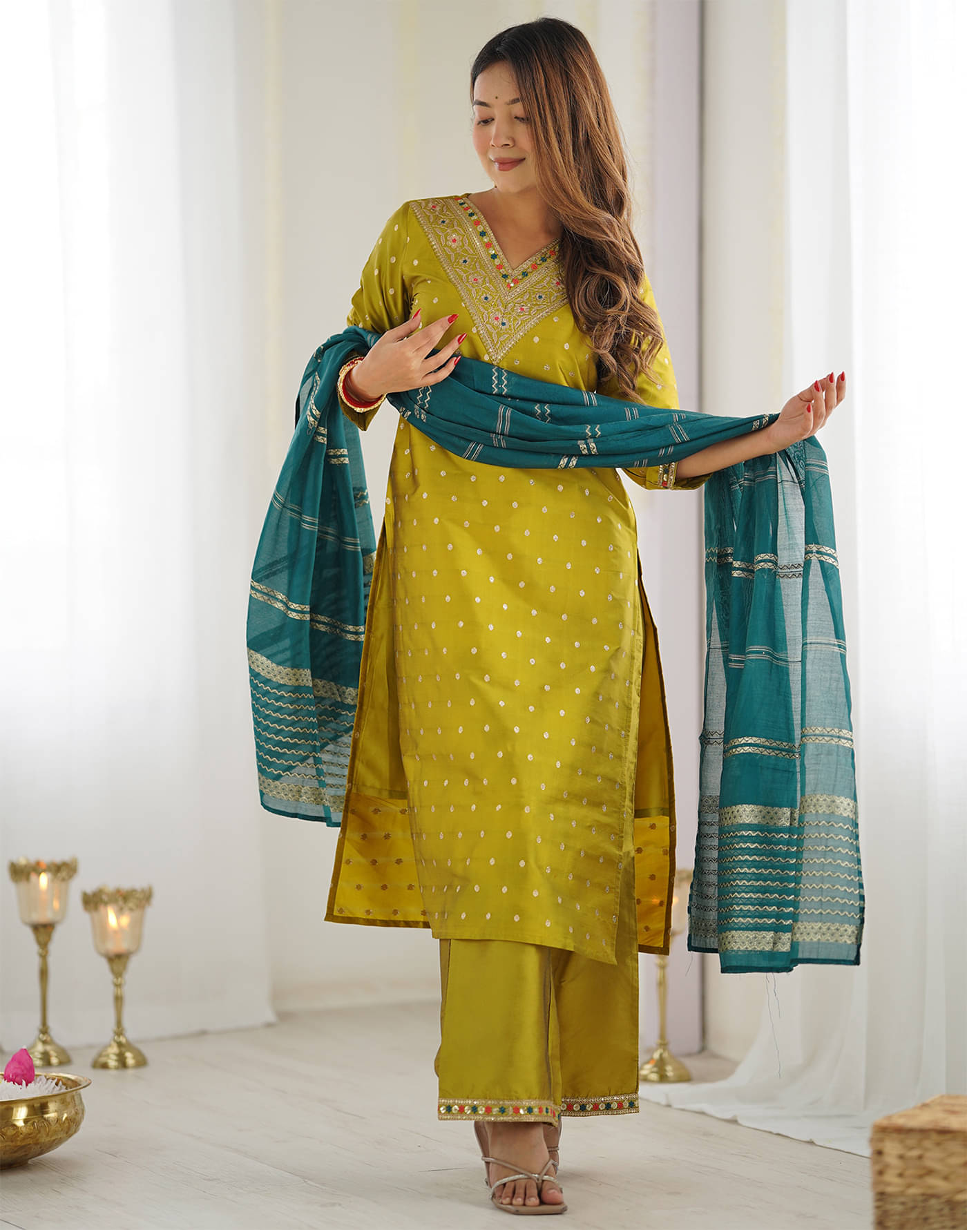 kedar fab Brocade Embroidered Kurti With Pants Women's Stitched Salwar Suit - Mustard ( Pack of 1 ) kedar fab Brocade Embroidered Kurti With Pants Women's Stitched Salwar Suit - Mustard ( Pack of 1 )