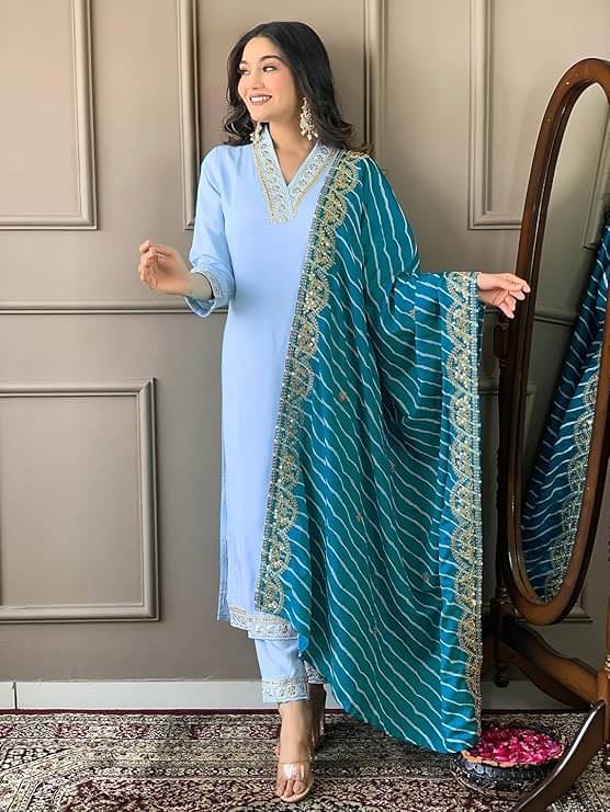     			piludi Chanderi Embroidered Kurti With Pants Women's Stitched Salwar Suit - Blue ( Pack of 1 )