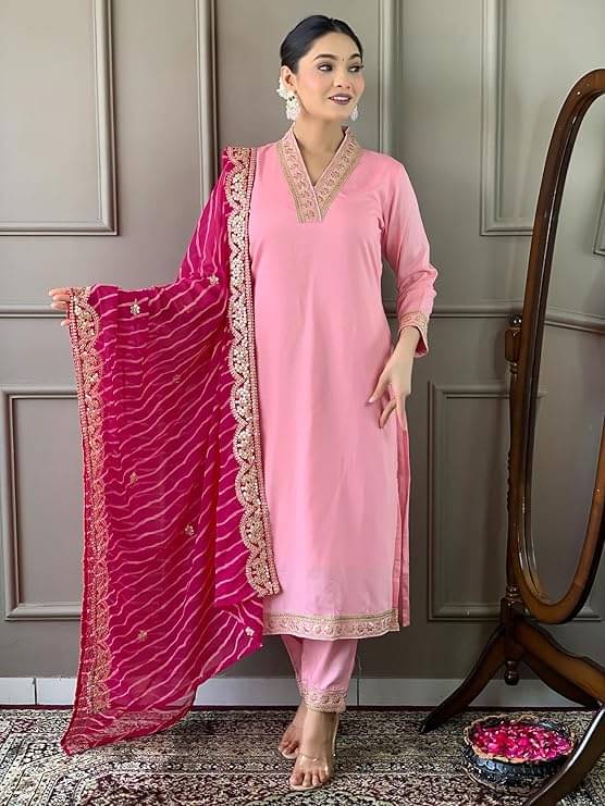     			piludi Chanderi Embroidered Kurti With Pants Women's Stitched Salwar Suit - Pink ( Pack of 1 )