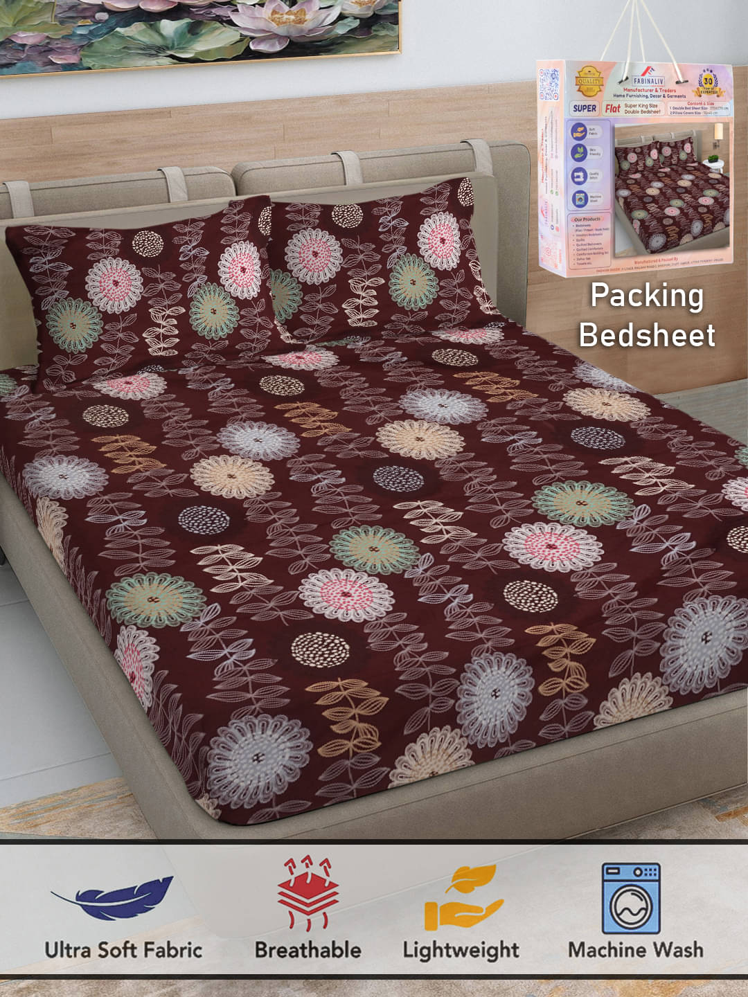     			FABINALIV Poly Cotton 1 Double King Bedsheet with 2 Pillow Covers ( Maroon )