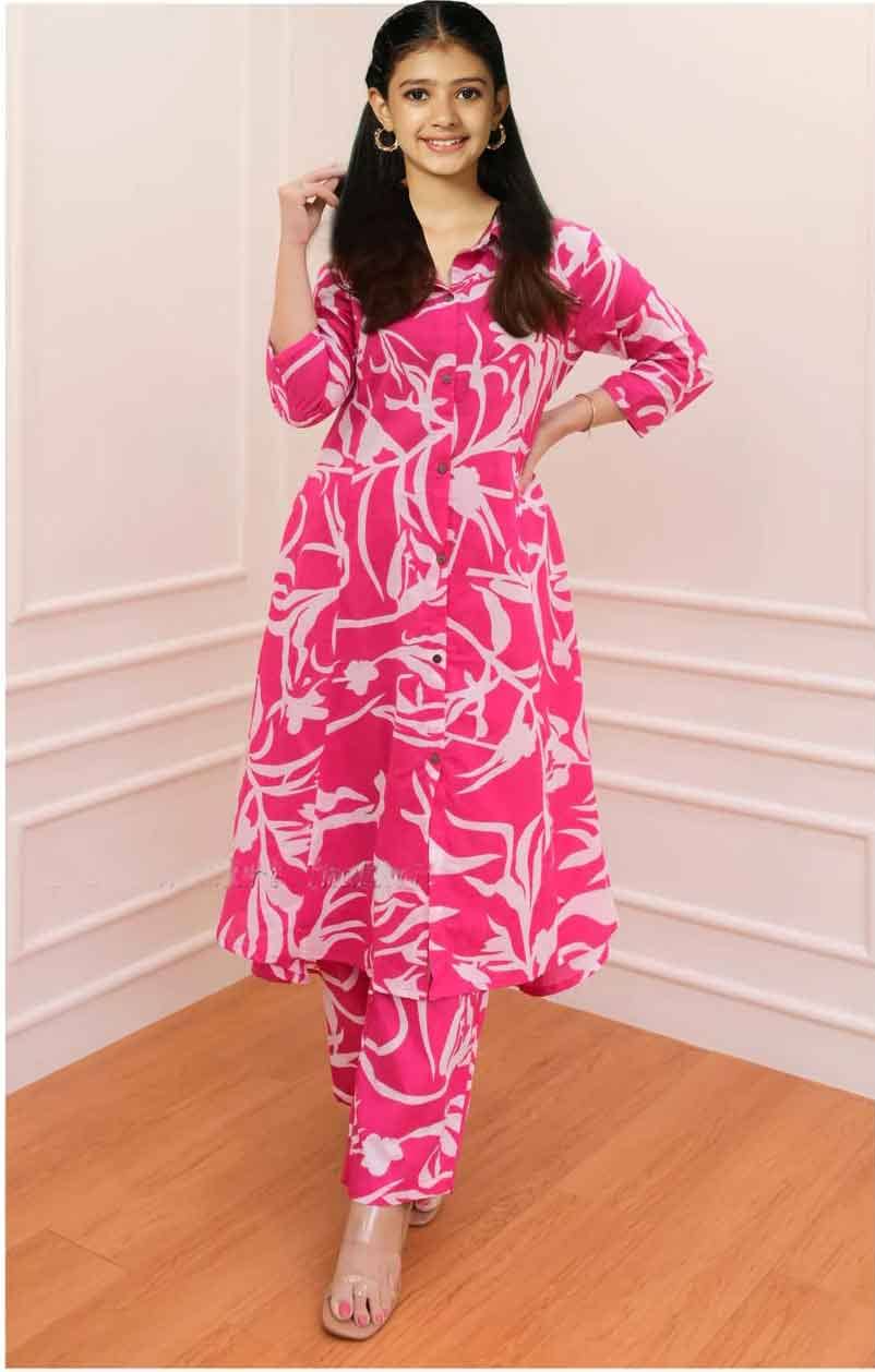 Aika Girls Rayon Kurti with Pants ( Pack of 1 , Pink )