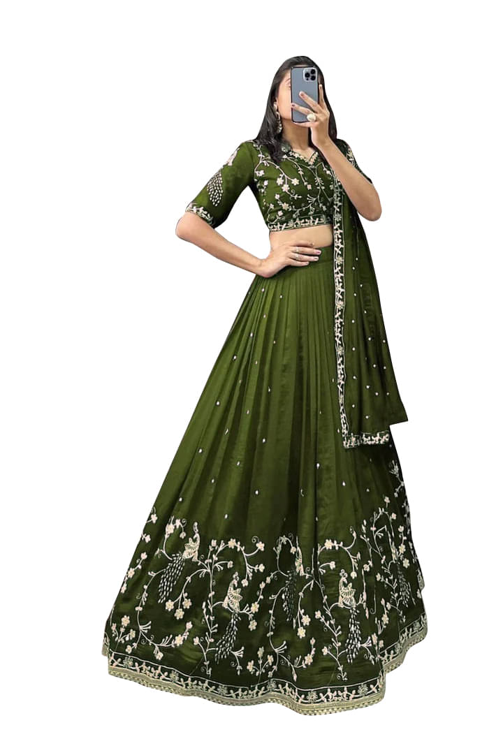     			Aika Green Silk Chaniya Choli Semi Stitched Lehenga Single
