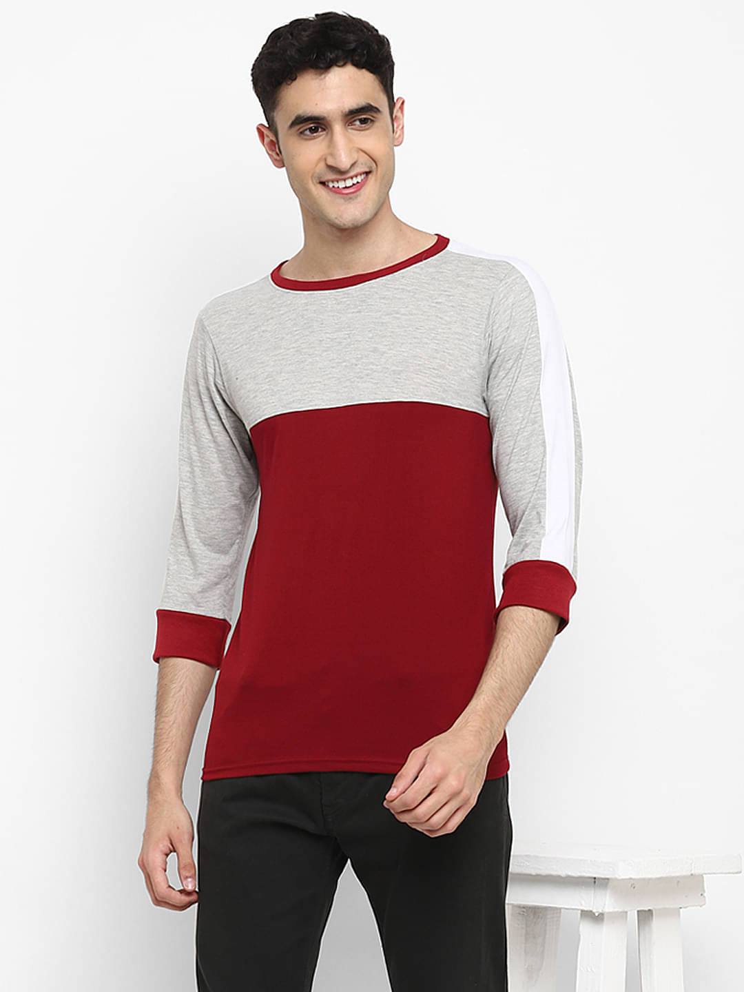 BUKKL Cotton Regular Fit Colorblock 3/4th Sleeves Men's Round T-Shirt - Maroon ( Pack of 1 ) BUKKL Cotton Regular Fit Colorblock 3/4th Sleeves Men's Round T-Shirt - Maroon ( Pack of 1 )