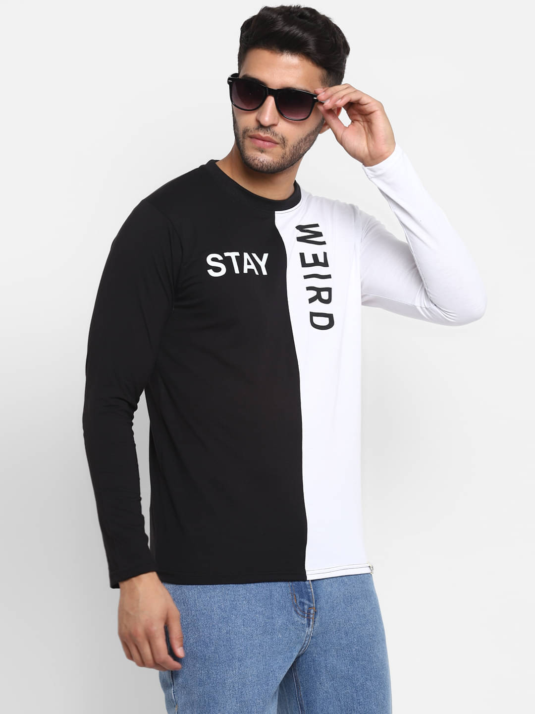     			BUKKL Cotton Regular Fit Colorblock Full Sleeves Men's Round T-Shirt - White ( Pack of 1 )