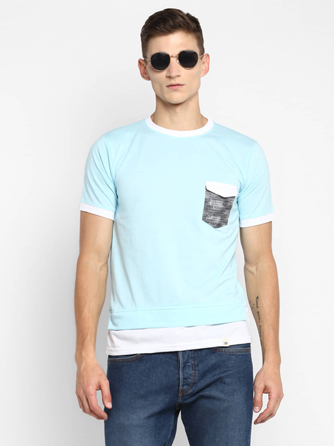BUKKL Cotton Regular Fit Colorblock Half Sleeves Men's Round T-Shirt - Sky Blue ( Pack of 1 )     			BUKKL Cotton Regular Fit Colorblock Half Sleeves Men's Round T-Shirt - Sky Blue ( Pack of 1 )