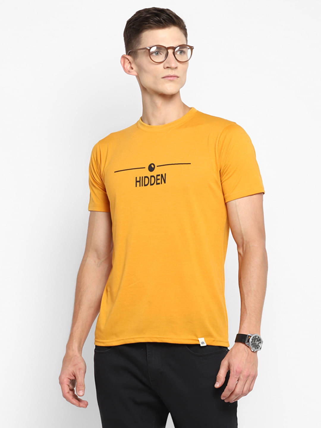     			BUKKL Cotton Regular Fit Printed Half Sleeves Men's Round T-Shirt - Mustard ( Pack of 1 )