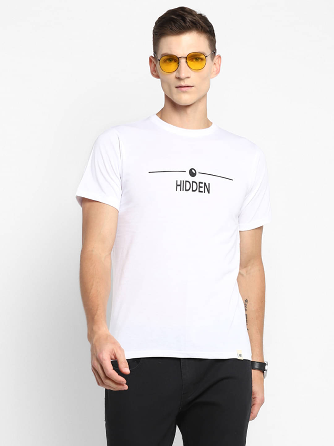     			BUKKL Cotton Regular Fit Printed Half Sleeves Men's Round T-Shirt - White ( Pack of 1 )
