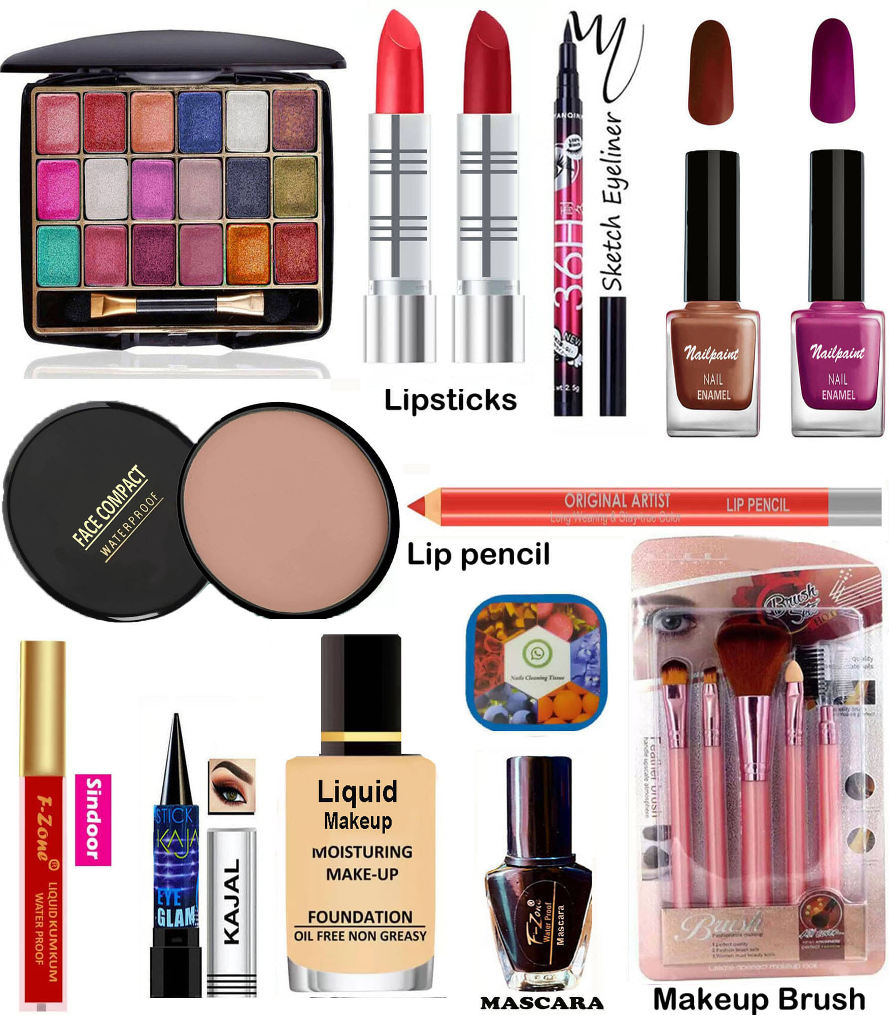     			F Zone Makeup Kit ( Eyeshadow,Kajal,Lipstick,Nail polish,Liner,Mascara,Foundation etc )