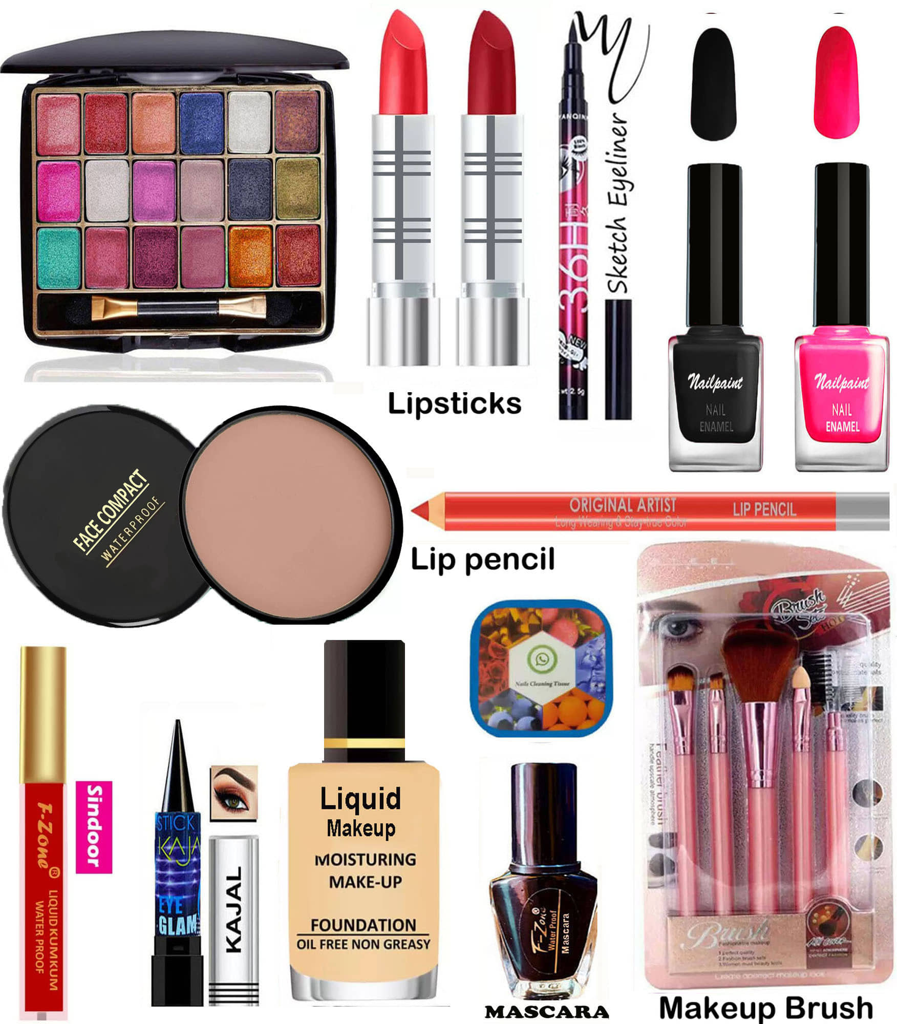F Zone Makeup Kit ( Eyeshadow,Kajal,Lipstick,Nail polish,Liner,Mascara,Foundation etc )