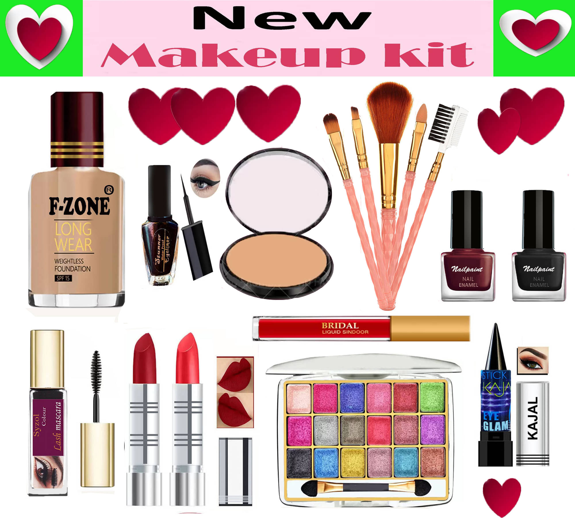     			F Zone Makeup Kit ( Lipstick,Kajal,Eye Liner,Mascara,Compact,Foundation,Lip Balm,EyeShadow )
