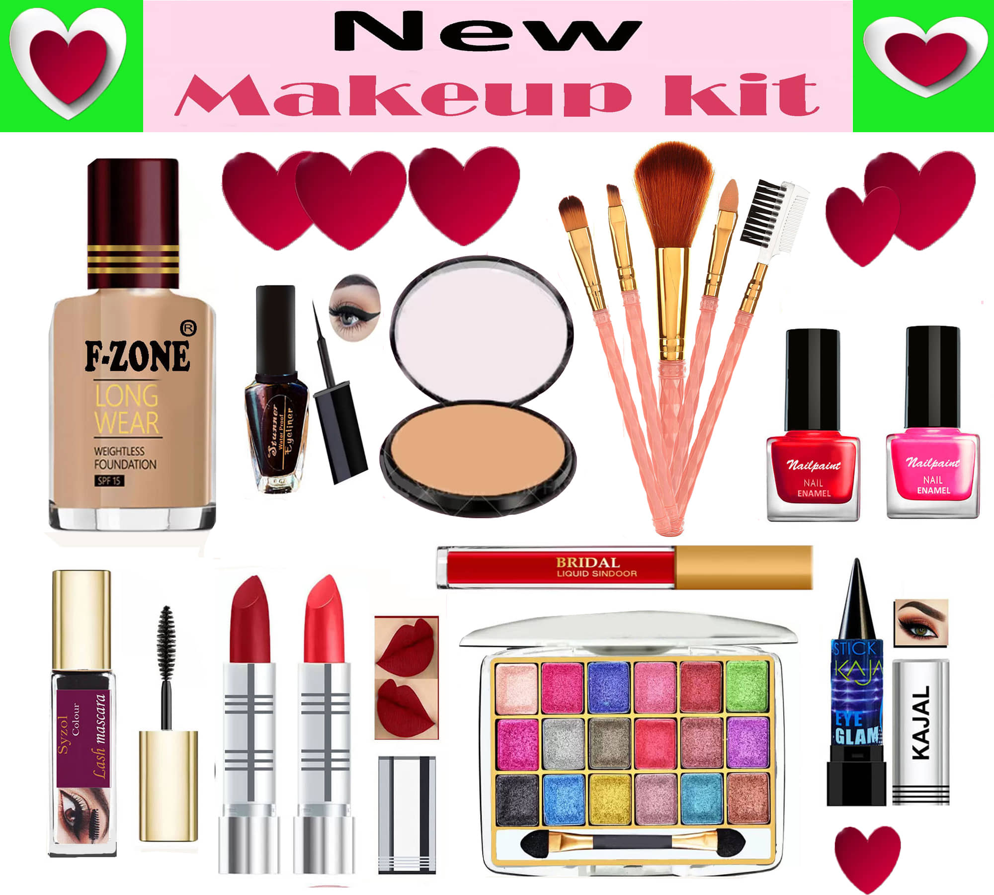 F Zone Makeup Kit ( Lipstick,Kajal,Eye Liner,Mascara,Compact,Foundation,Lip Balm,EyeShadow )