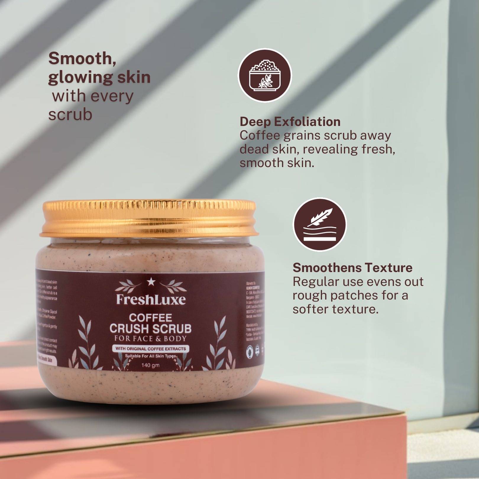 FreshLuxe Coffee Crush Body & Face Scrub Exfoliation & De-Tan Enriched with Walnut Powder Unisex 140g (Pack of 1) FreshLuxe Coffee Crush Body & Face Scrub Exfoliation & De-Tan Enriched with Walnut Powder Unisex 140g (Pack of 1)