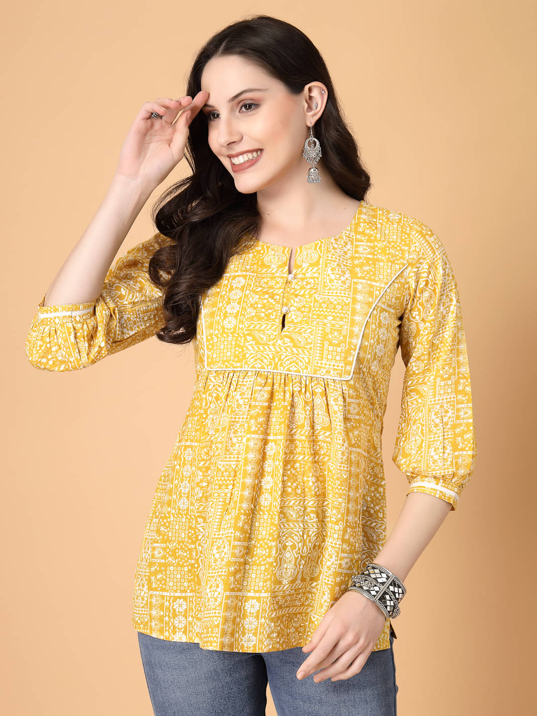 GOD BLESS Pack of 1 Cotton Printed Straight Women's Kurti - ( Yellow )     			GOD BLESS Pack of 1 Cotton Printed Straight Women's Kurti - ( Yellow )