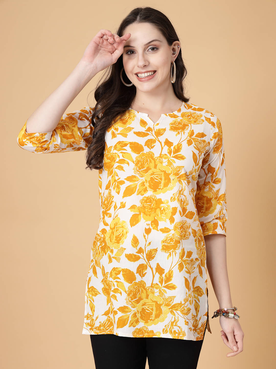 GOD BLESS Pack of 1 100% Cotton Printed Straight Women's Kurti - ( Yellow )     			GOD BLESS Pack of 1 100% Cotton Printed Straight Women's Kurti - ( Yellow )