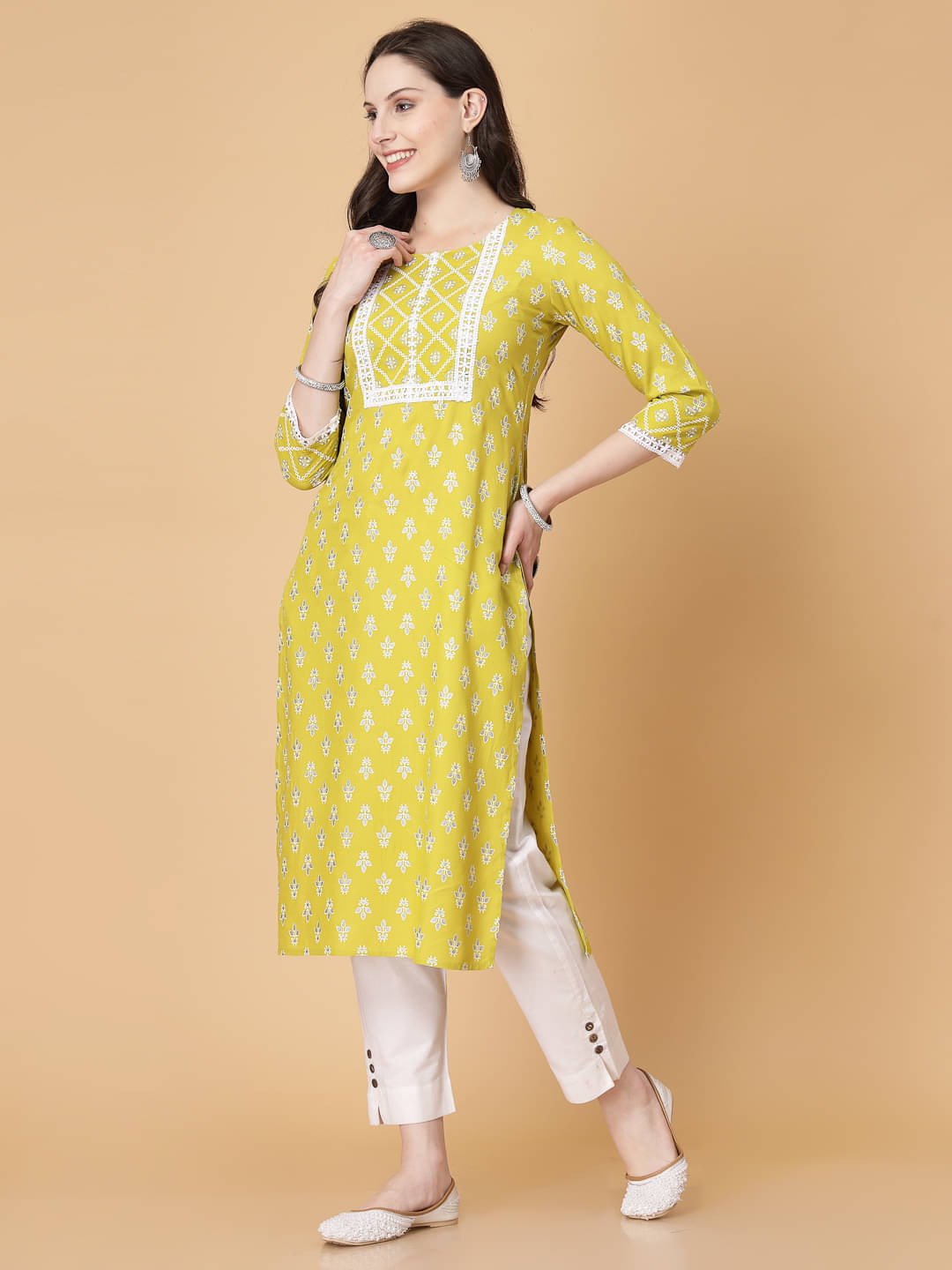     			GOD BLESS Pack of 1 Viscose Rayon Printed Straight Women's Kurti - ( Yellow )