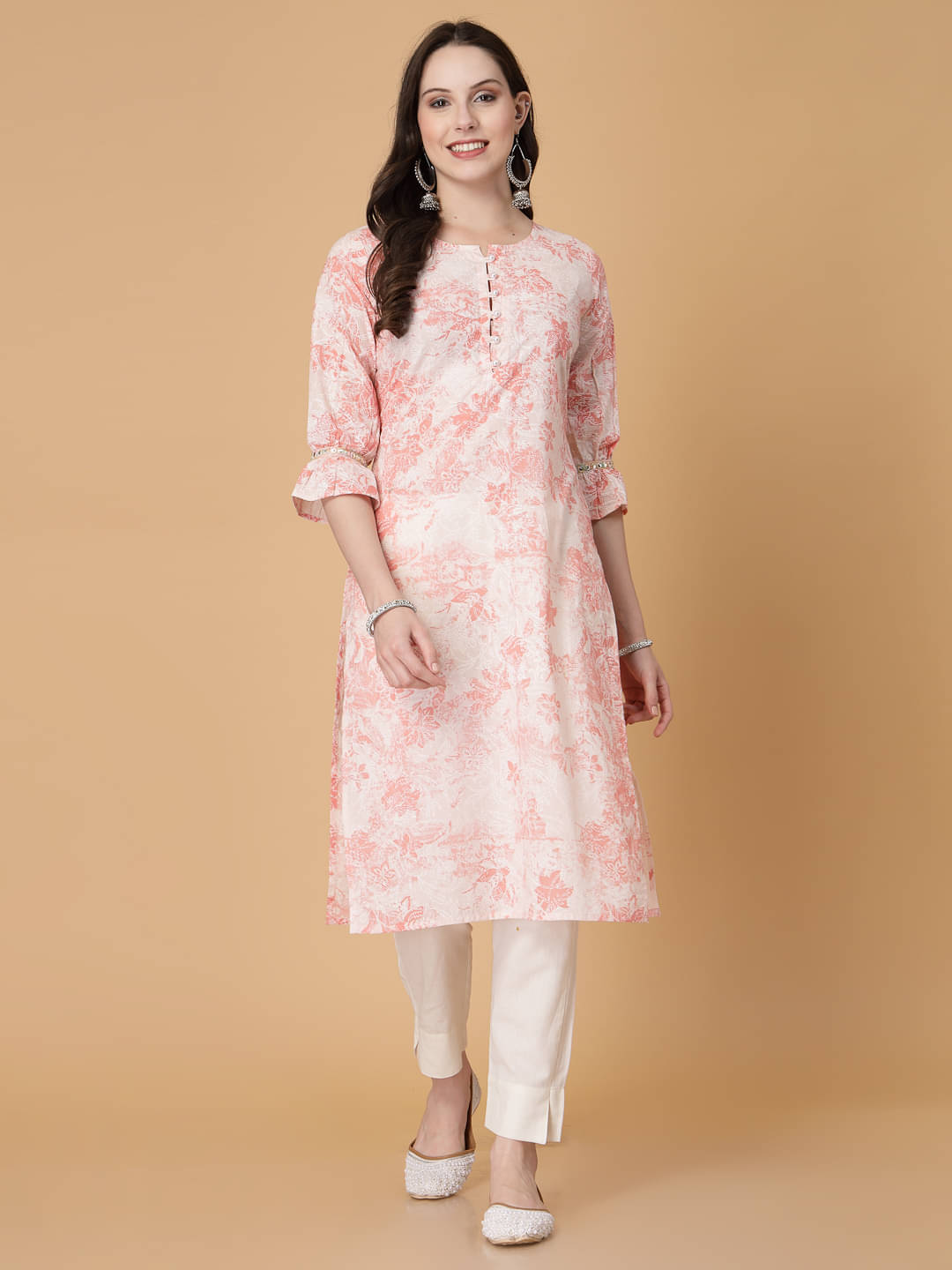     			GOD BLESS Pack of 1 100% Cotton Printed Straight Women's Kurti - ( Peach )
