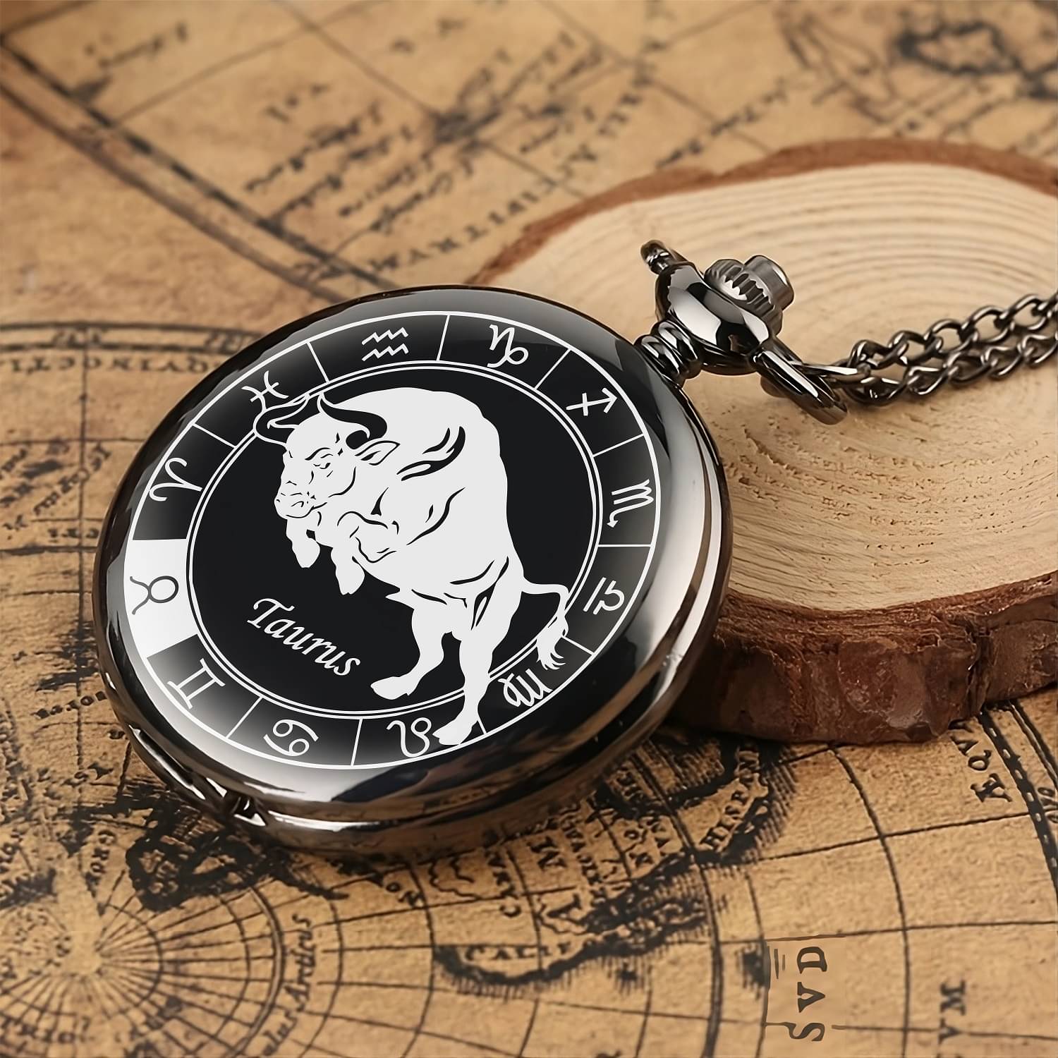     			Taurus Zodiac Black Pocket Watch Keychain | Stylish Spiritual Gift for Boys Girls | Durable Bag Charm Accessory