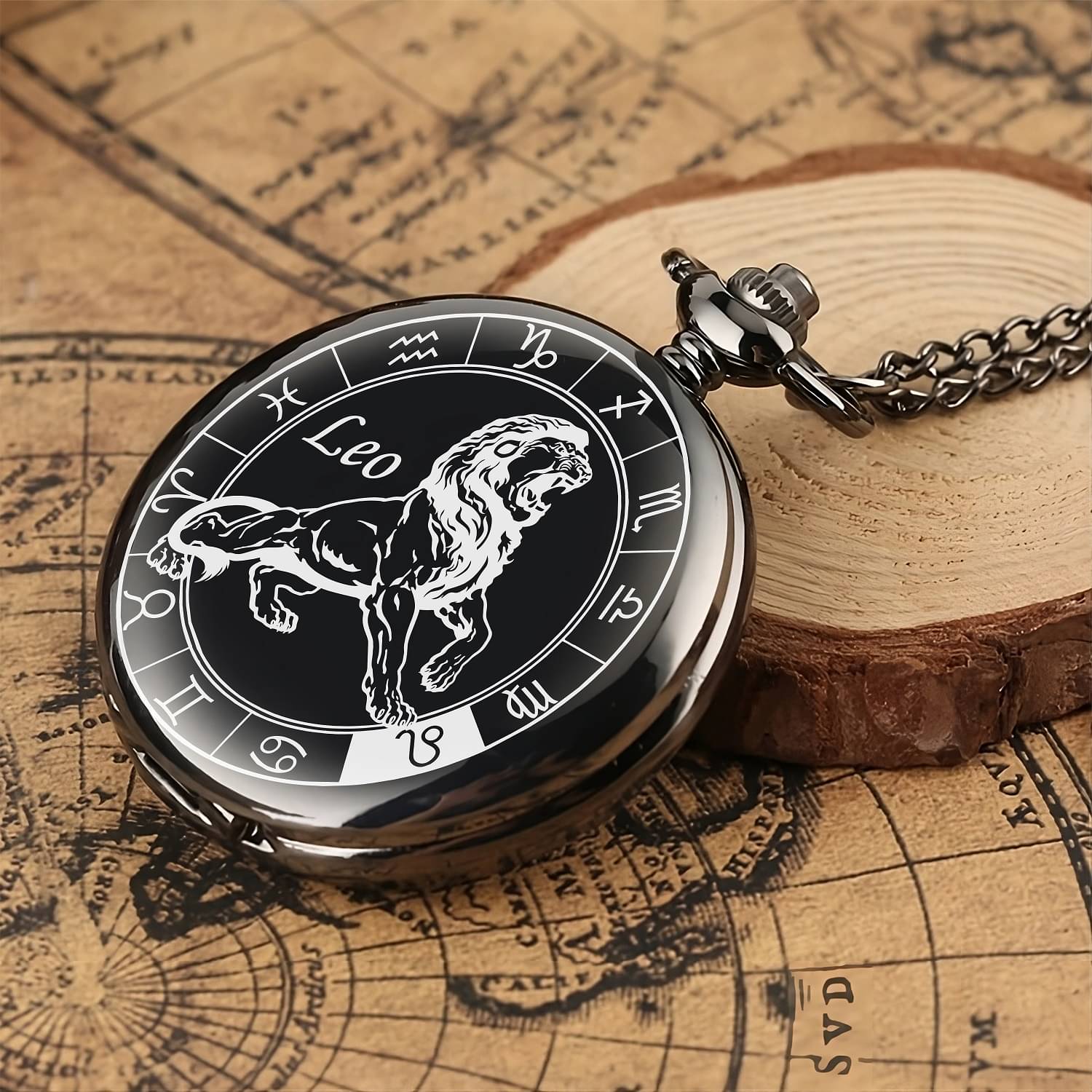     			GT Gala Time Zodiac Sign Leo Black Pocket Watch Car Bike Key Holder Key Ring Men & Woman Gift Key Chain