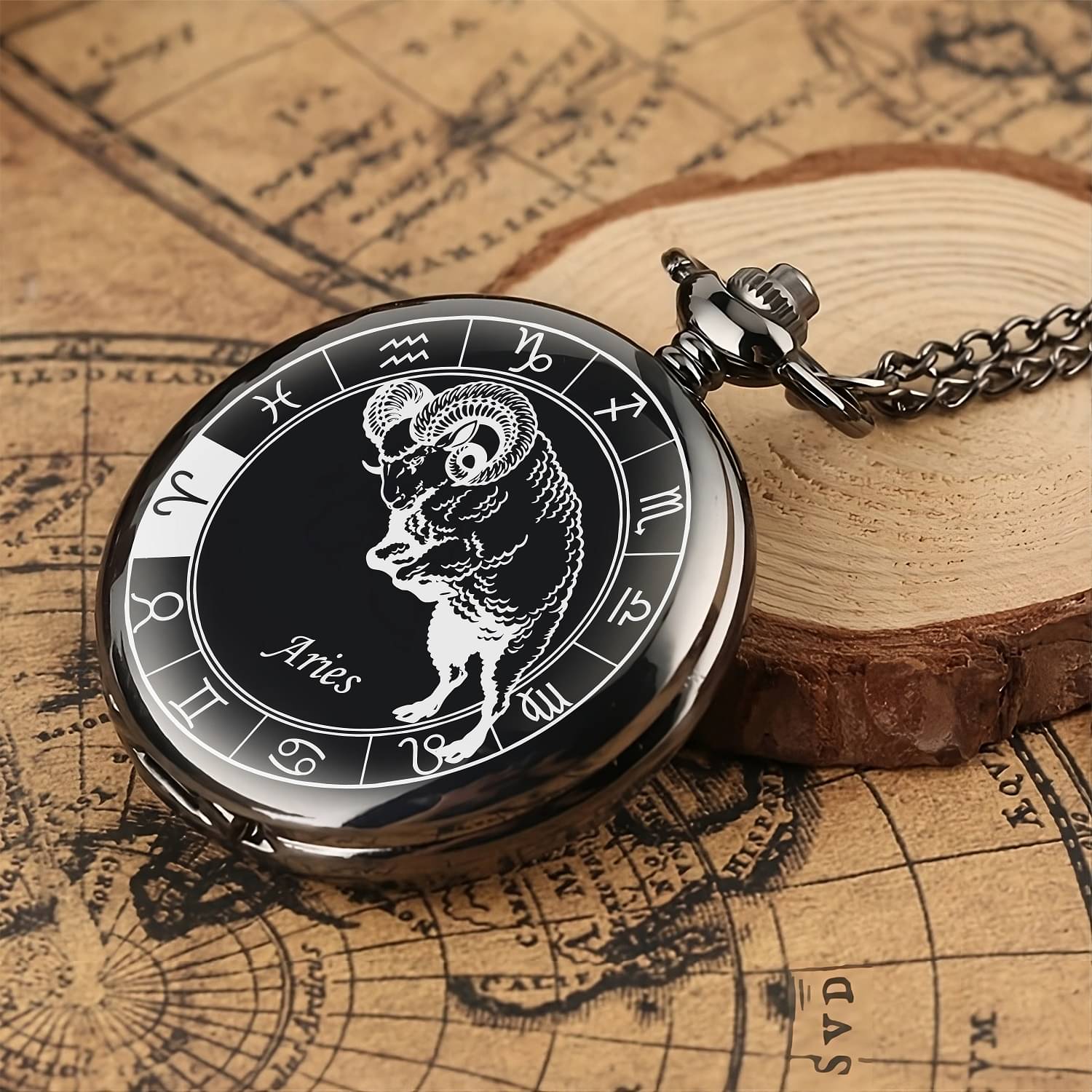     			GT Gala Time Zodiac Sign Aries Black Pocket Watch Car Bike Key Chain with Key Ring Men & Woman Gift Key Chain