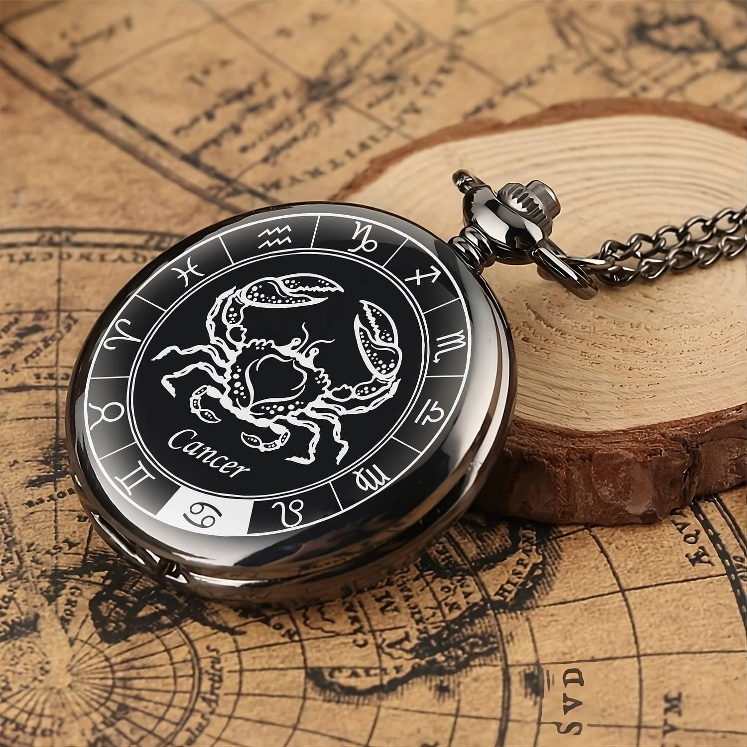     			GT Gala Time Zodiac Sign Cancer Black Pocket Watch Car Bike Key Chain with Key Ring Men, Woman Gift Key Chain
