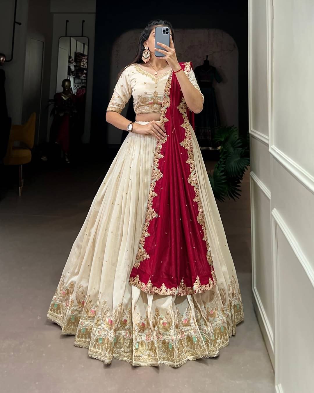     			JULEE White Silk Chaniya Choli Semi Stitched Lehenga Single