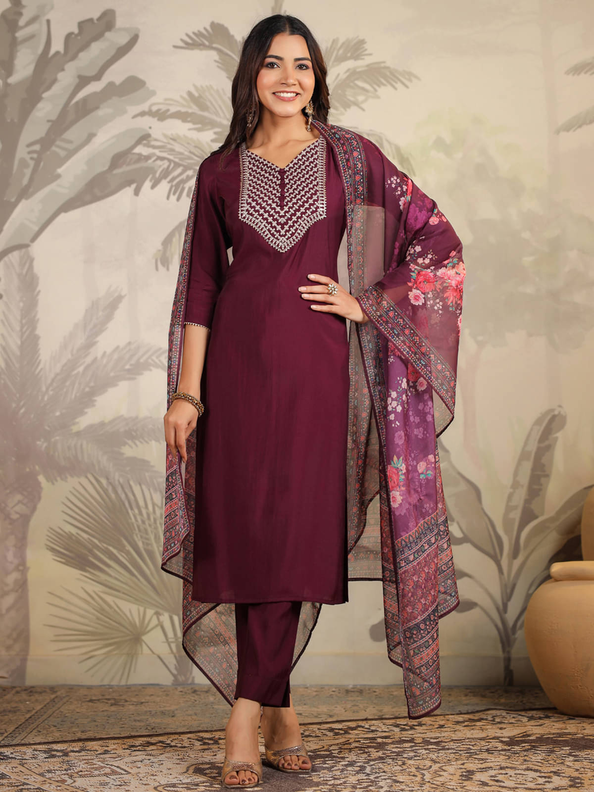 Janasya Chanderi Embroidered Kurti With Pants Women's Stitched Salwar Suit - Purple ( Pack of 1 ) Janasya Chanderi Embroidered Kurti With Pants Women's Stitched Salwar Suit - Purple ( Pack of 1 )