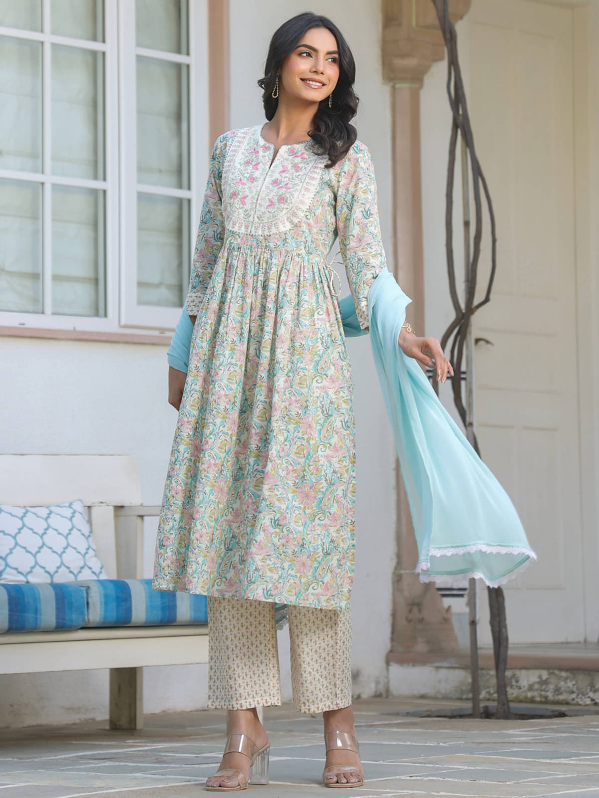     			Janasya Cotton Embroidered Kurti With Pants Women's Stitched Salwar Suit - Off White ( Pack of 1 )
