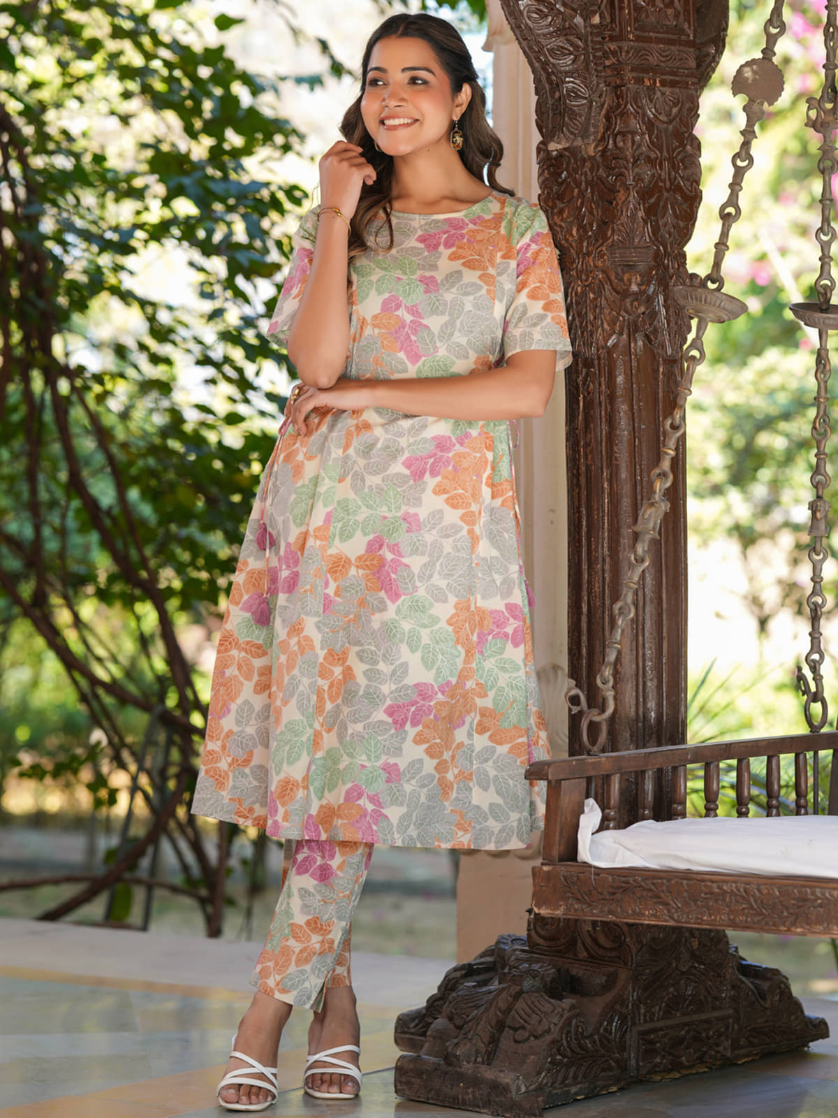     			Janasya Cotton Printed Kurti With Pants Women's Stitched Salwar Suit - Cream ( Pack of 1 )