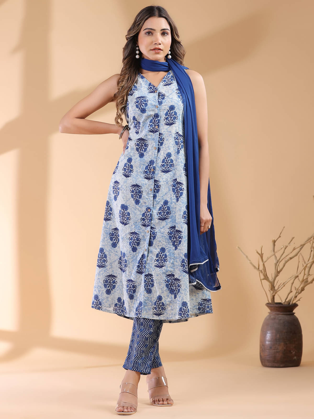     			Janasya Cotton Printed Kurti With Pants Women's Stitched Salwar Suit - Indigo ( Pack of 1 )
