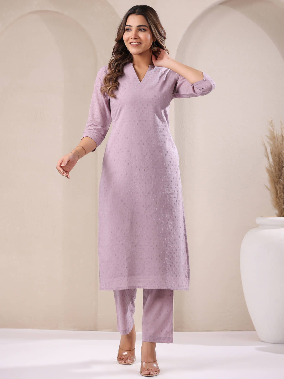 Janasya Cotton Self Design Kurti With Pants Women's Stitched Salwar Suit - Lavender ( Pack of 1 )