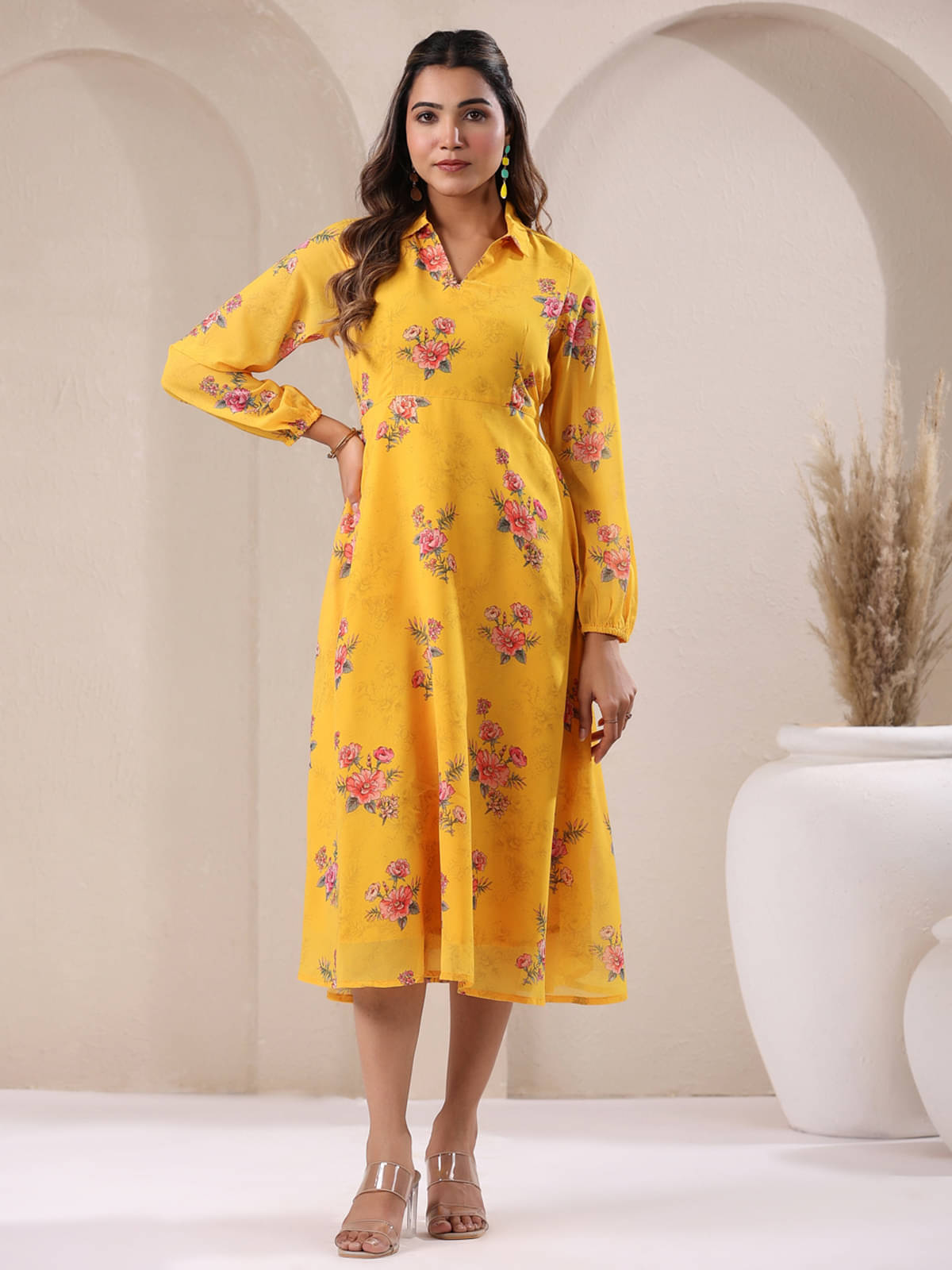     			Janasya Women Georgette Printed A-line Dress ( Mustard )