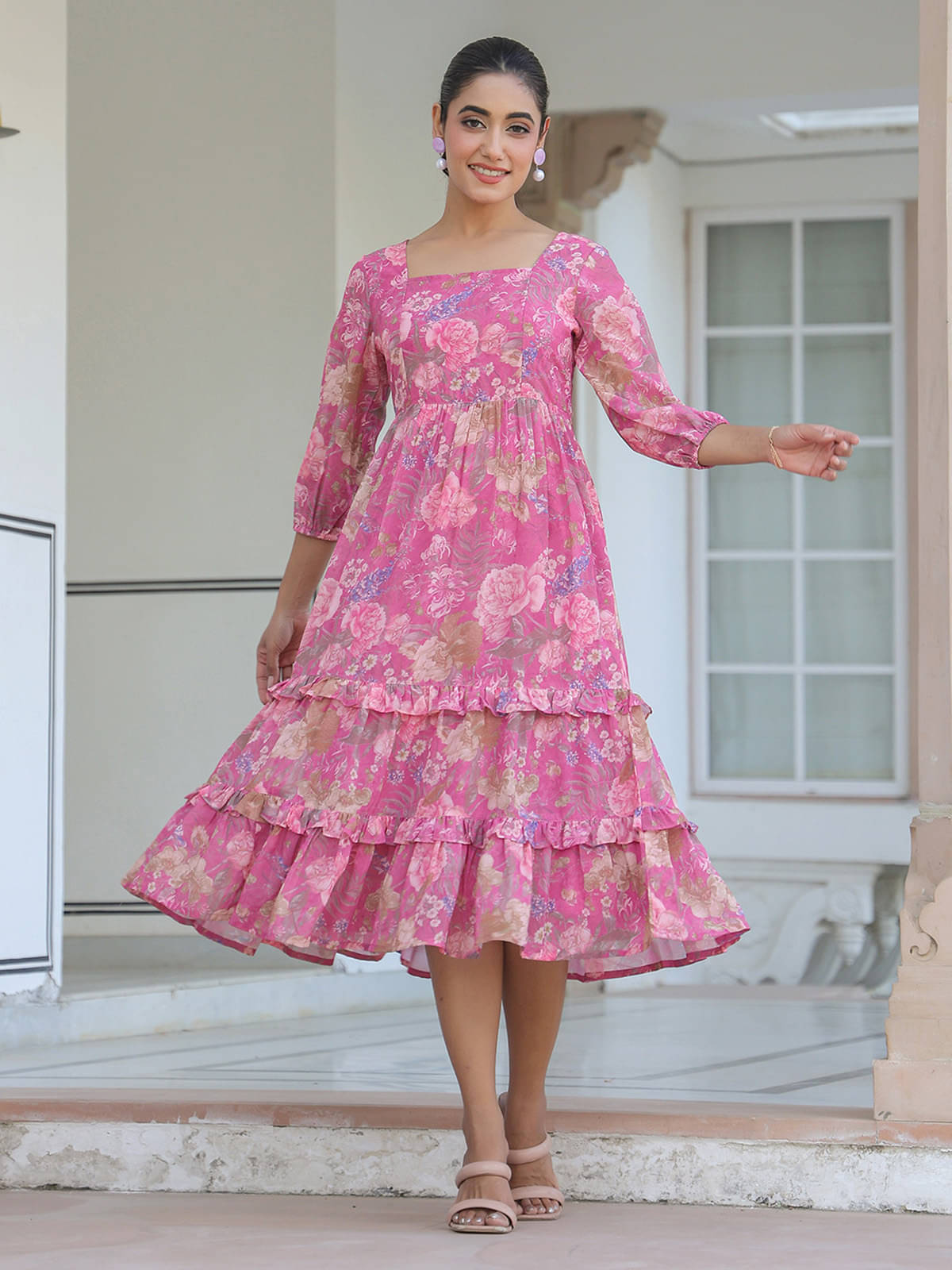 Janasya Women Georgette Printed Fit & Flare Dress ( Pink ) Janasya Women Georgette Printed Fit & Flare Dress ( Pink )