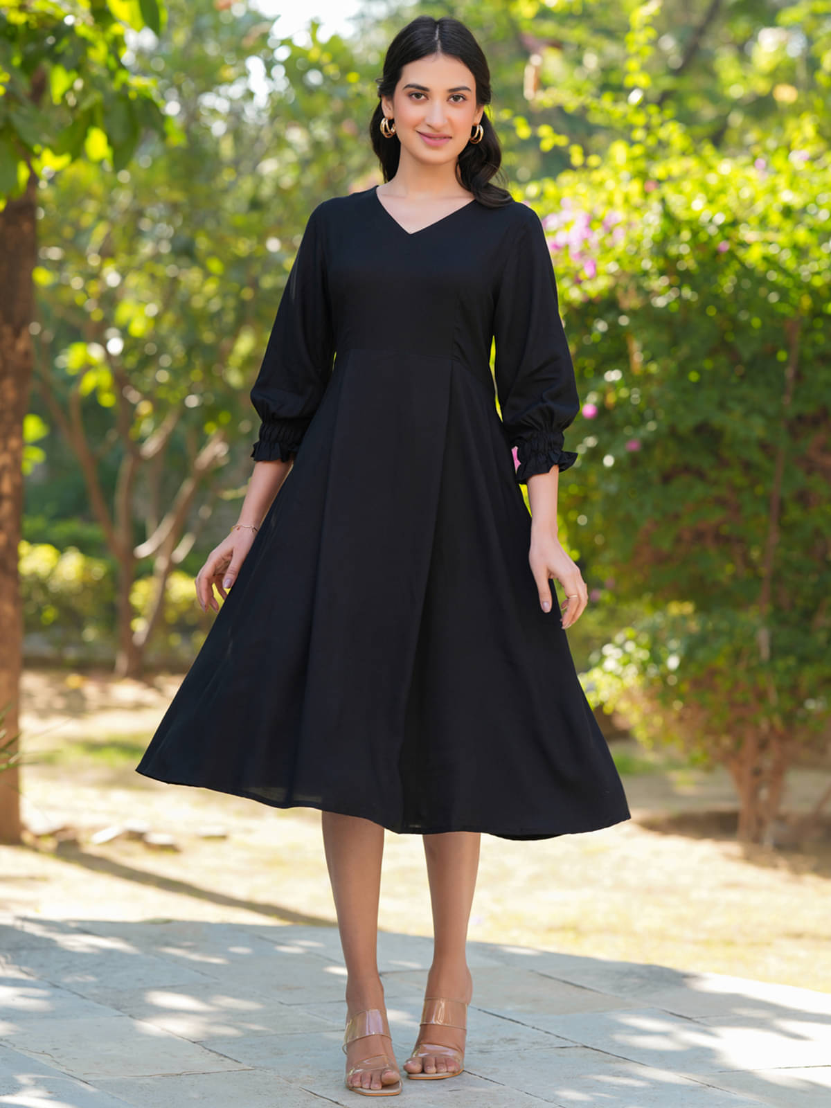     			Janasya Women Rayon Solid A-line Dress ( Black )