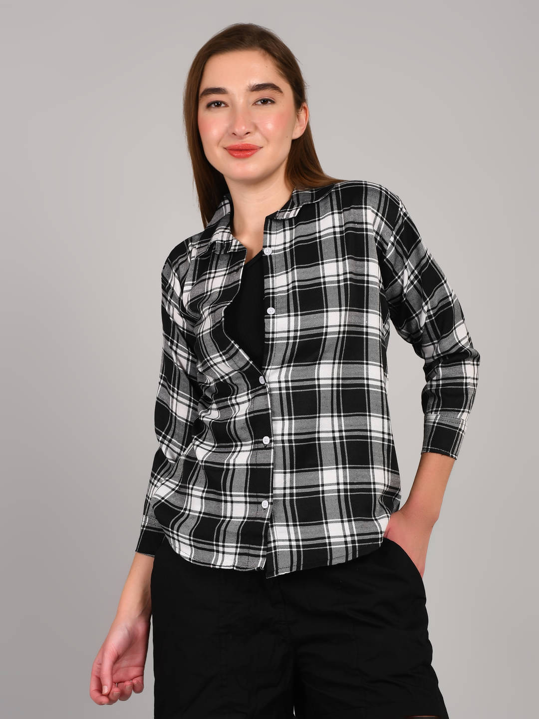     			MAYKR Women Checks Cotton Shirt ( Black )