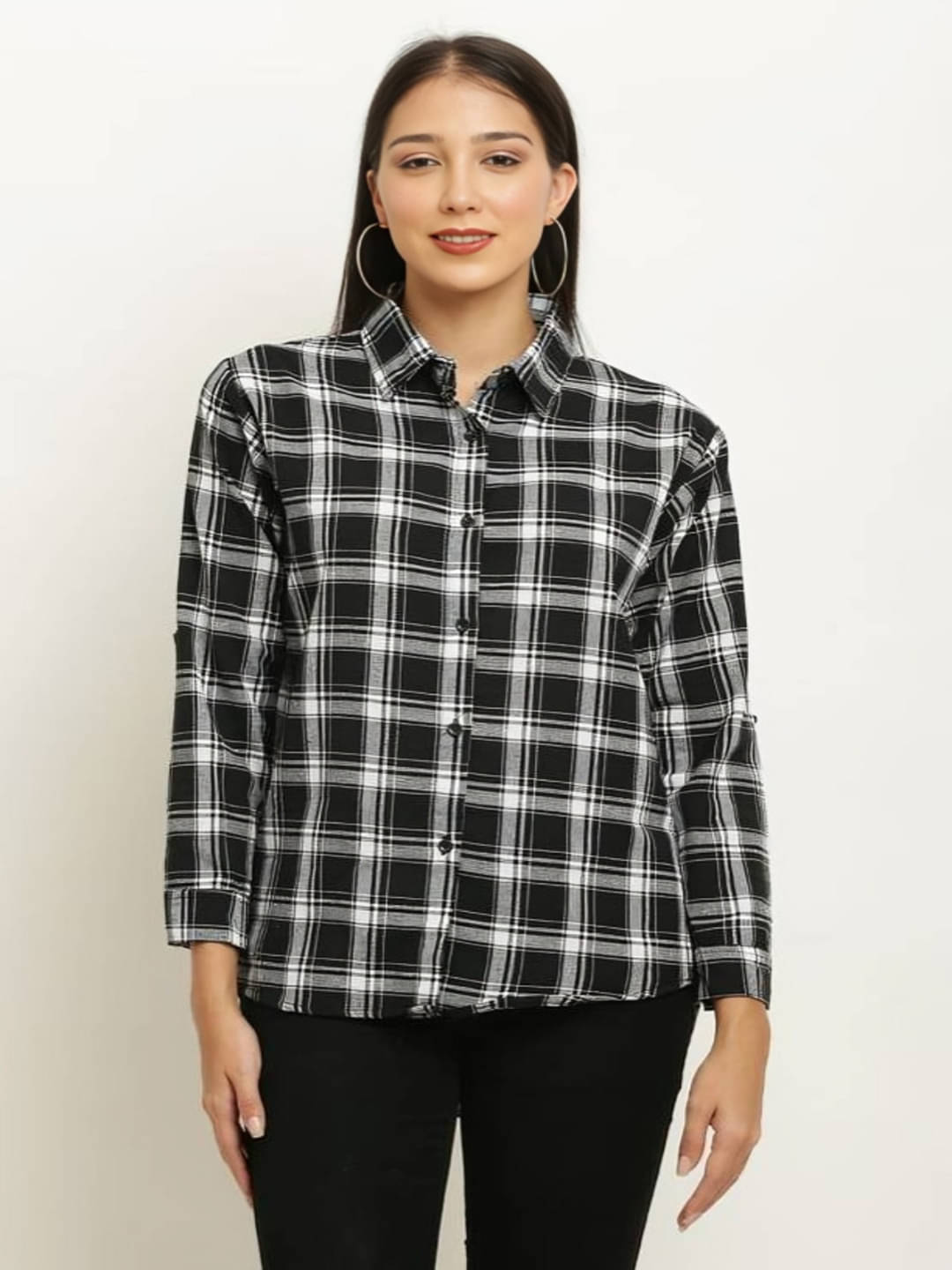 PLUS PARADISE Women Checks Cotton Shirt ( Black ) PLUS PARADISE Women Checks Cotton Shirt ( Black )