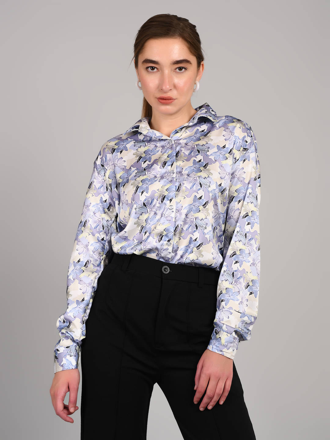 PLUS PARADISE Women Printed Satin Shirt ( Blue ) PLUS PARADISE Women Printed Satin Shirt ( Blue )