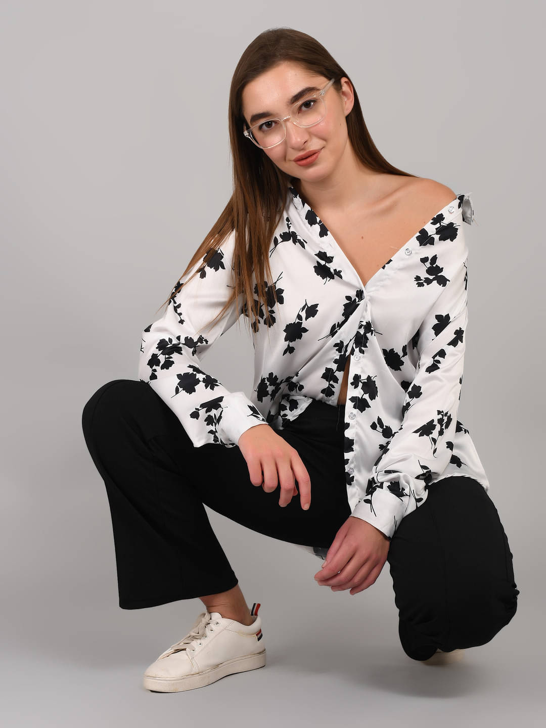 PLUS PARADISE Women Printed Satin Shirt ( White ) PLUS PARADISE Women Printed Satin Shirt ( White )