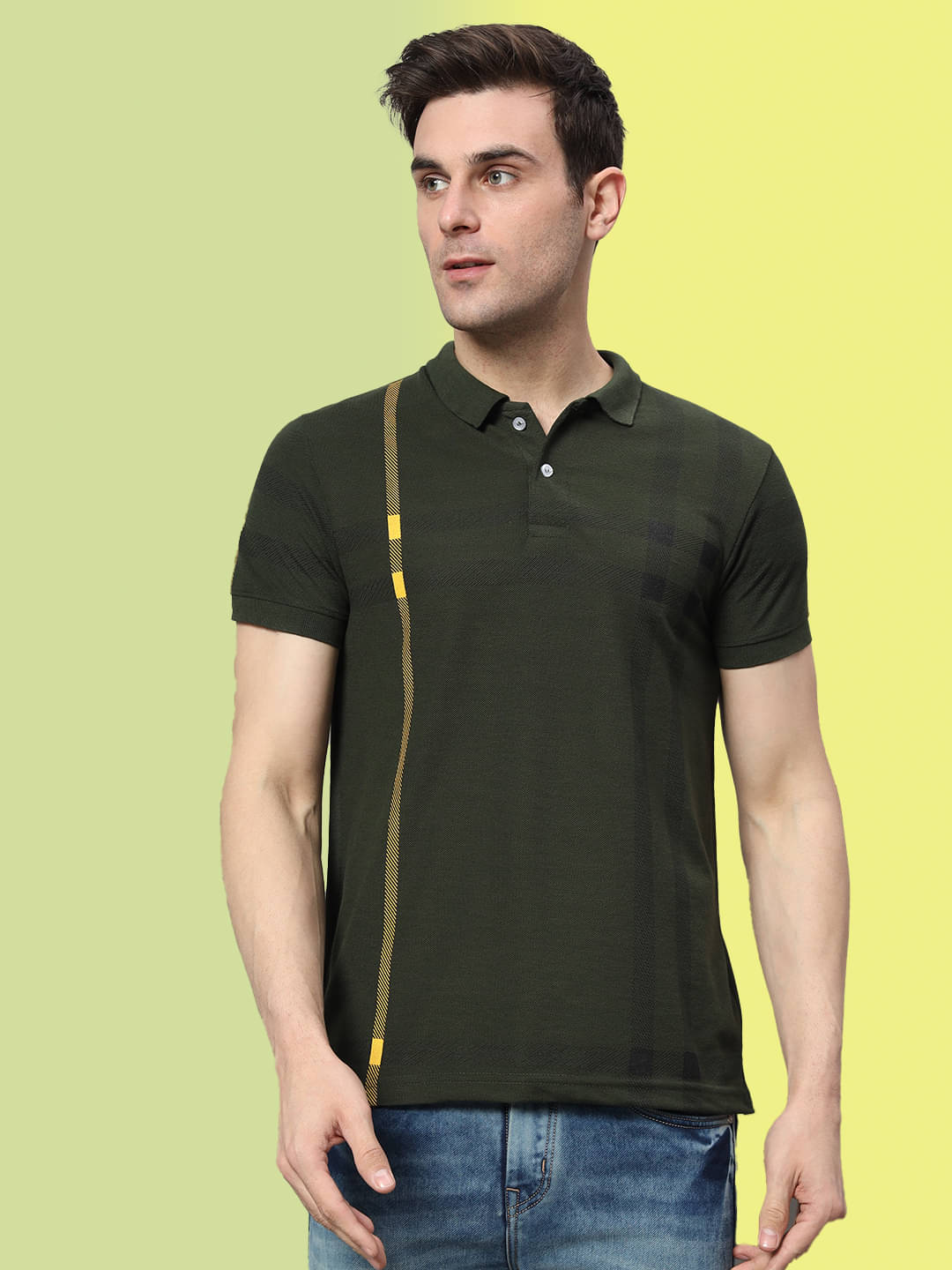 RELANE Pack of 1 Cotton Blend Regular Fit Checks Half Sleeves Men's Polo T Shirt ( Olive ) RELANE Pack of 1 Cotton Blend Regular Fit Checks Half Sleeves Men's Polo T Shirt ( Olive )