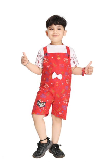     			s muktar garments Pack of 1 Baby Boys Cotton Blend T-Shirt & Dungarees Set ( Red )