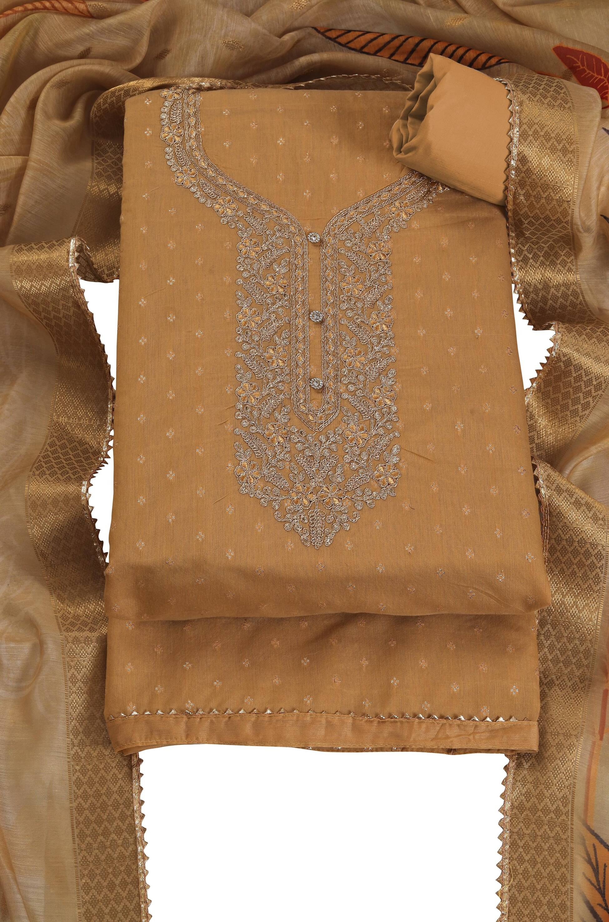 tavas Unstitched Chanderi Embroidered Dress Material - Beige ( Pack of 1 ) tavas Unstitched Chanderi Embroidered Dress Material - Beige ( Pack of 1 )