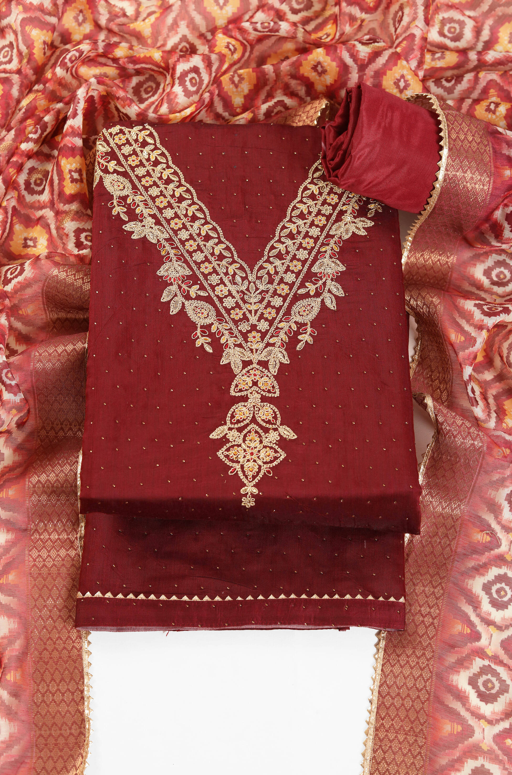     			tavas Unstitched Chanderi Embroidered Dress Material - Red ( Pack of 1 )