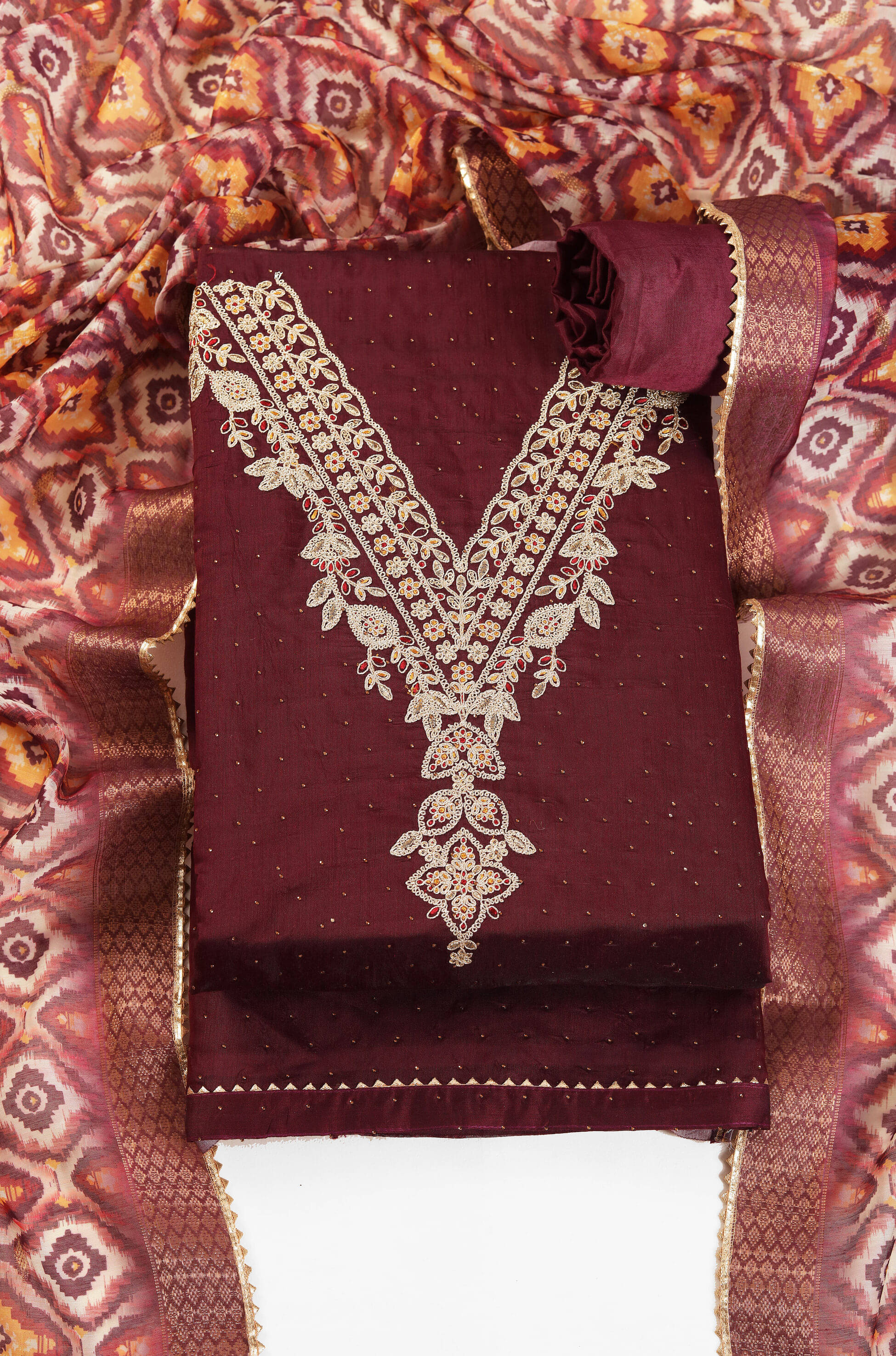 tavas Unstitched Chanderi Embroidered Dress Material - Wine ( Pack of 1 )     			tavas Unstitched Chanderi Embroidered Dress Material - Wine ( Pack of 1 )
